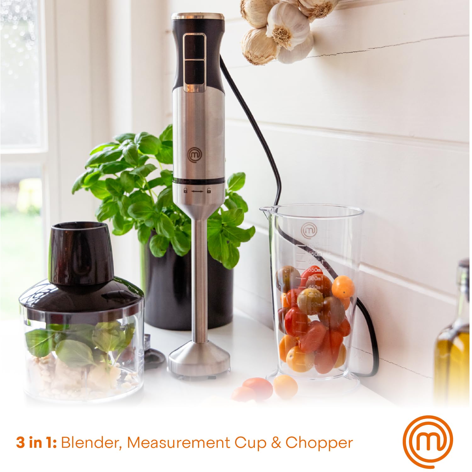 MasterChef 400W Immersion Hand Blender with Stainless Steel Shaft - Includes Chopper Attachment & Measuring Cup - Perfect for Baby Food, Soups, Sauces, Smoothies & Purees - Ideal for Kitchen, Restaurant & Home Cooking