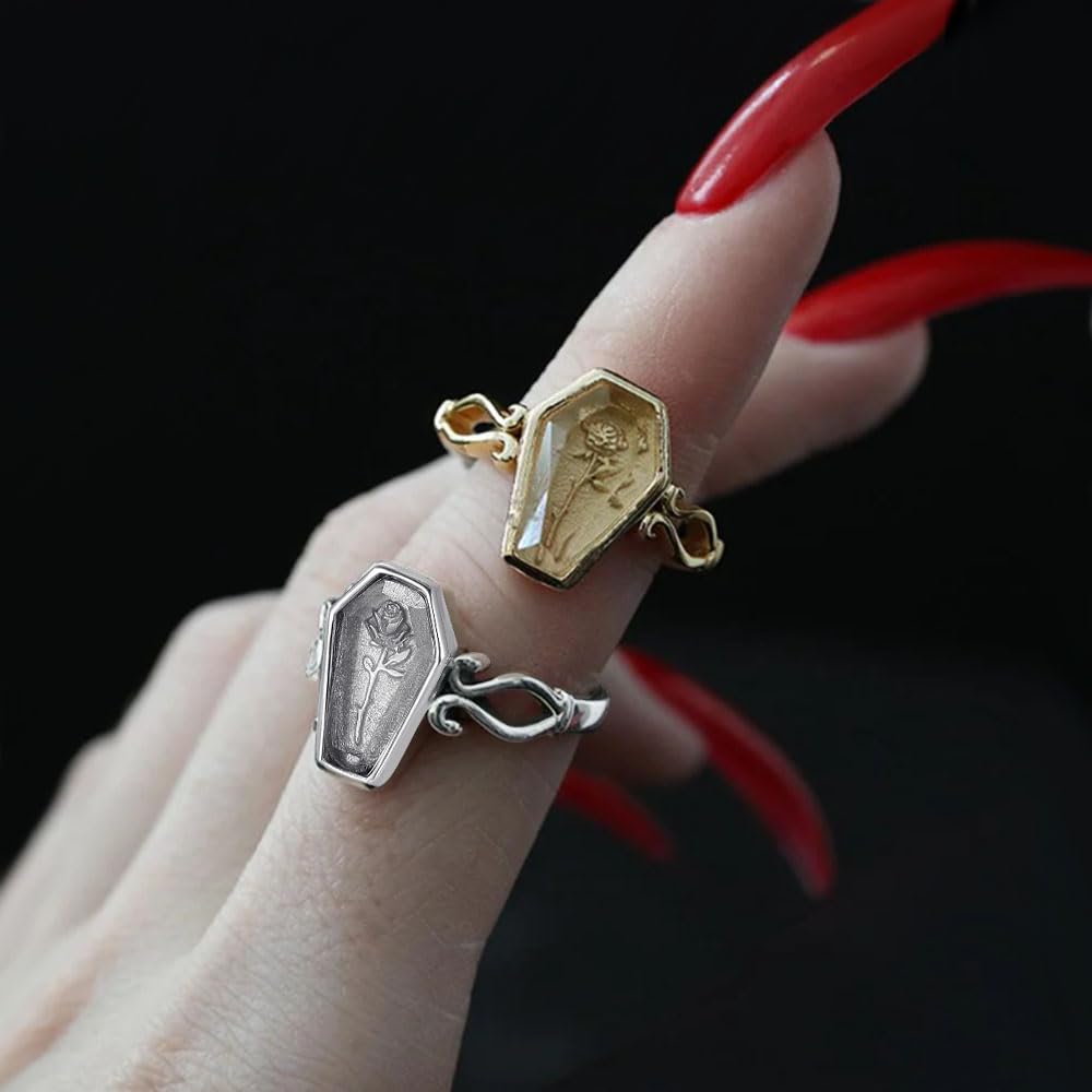 Stainless Steel Gold Rose Flower Coffin Ring with Cubic Zirconia - Unique Romantic Jewelry Gift for Women, Anniversary, Valentine's Day