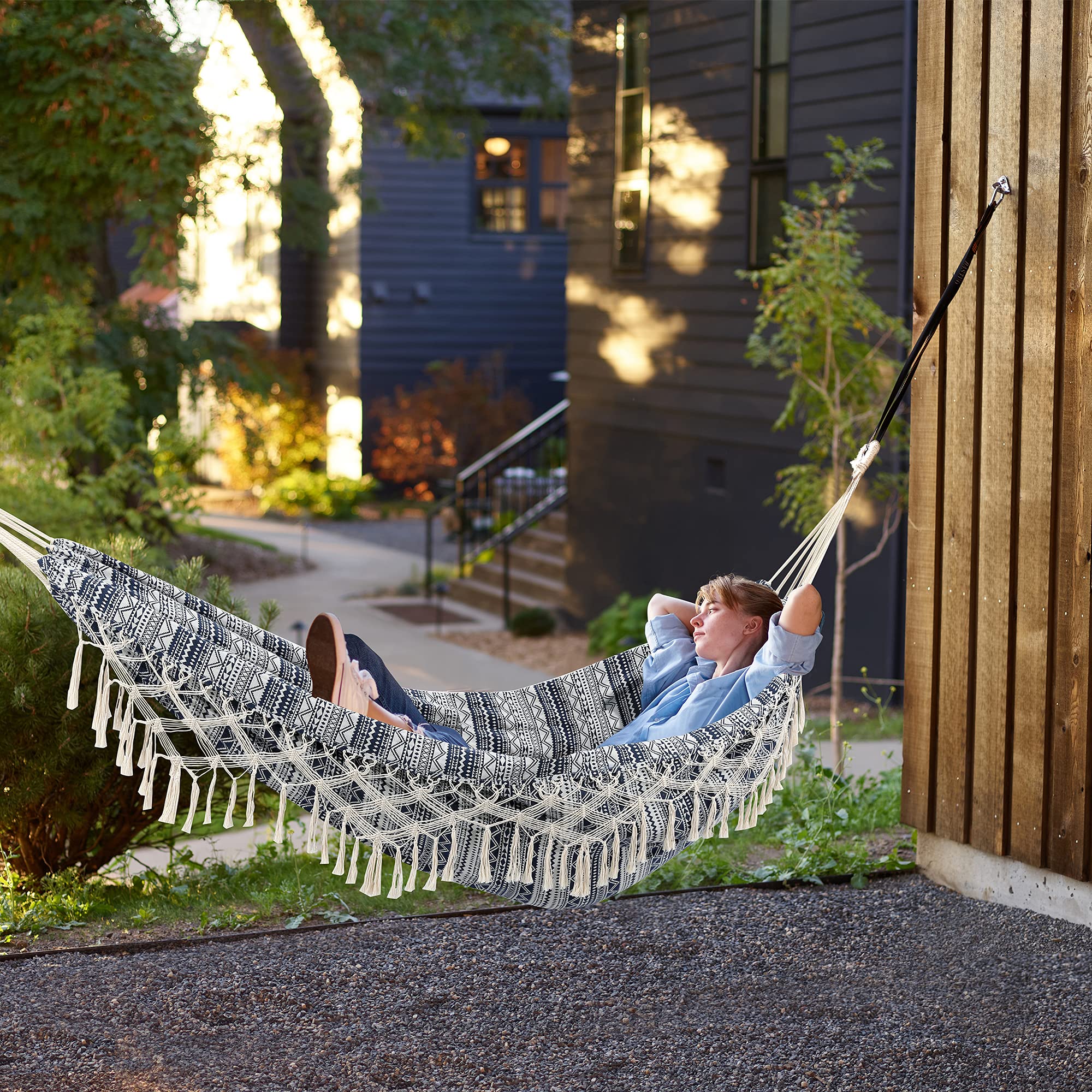 Premium Cotton Garden Hammock with Tassels - 2 Person Indoor/Outdoor Hammock with Carry Bag - Macrame Fringe Design for Patio, Porch, Backyard & Beach - Supports Up to 450Lbs (Blue-White) - Perfect for Relaxing, Lounging & Outdoor Adventures
