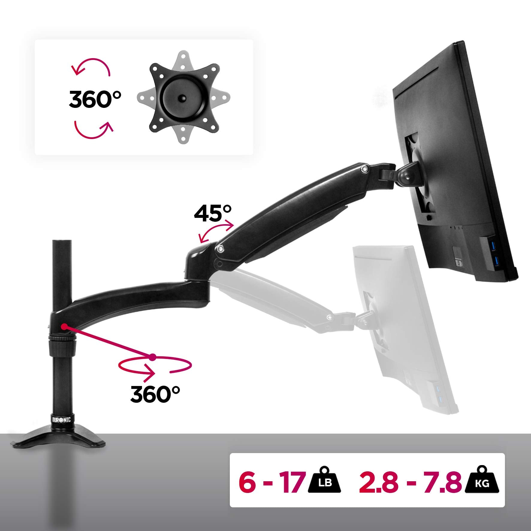 Duronic DM551X2 Single Monitor Arm Stand - Adjustable Aluminum Desk Mount for 15-27