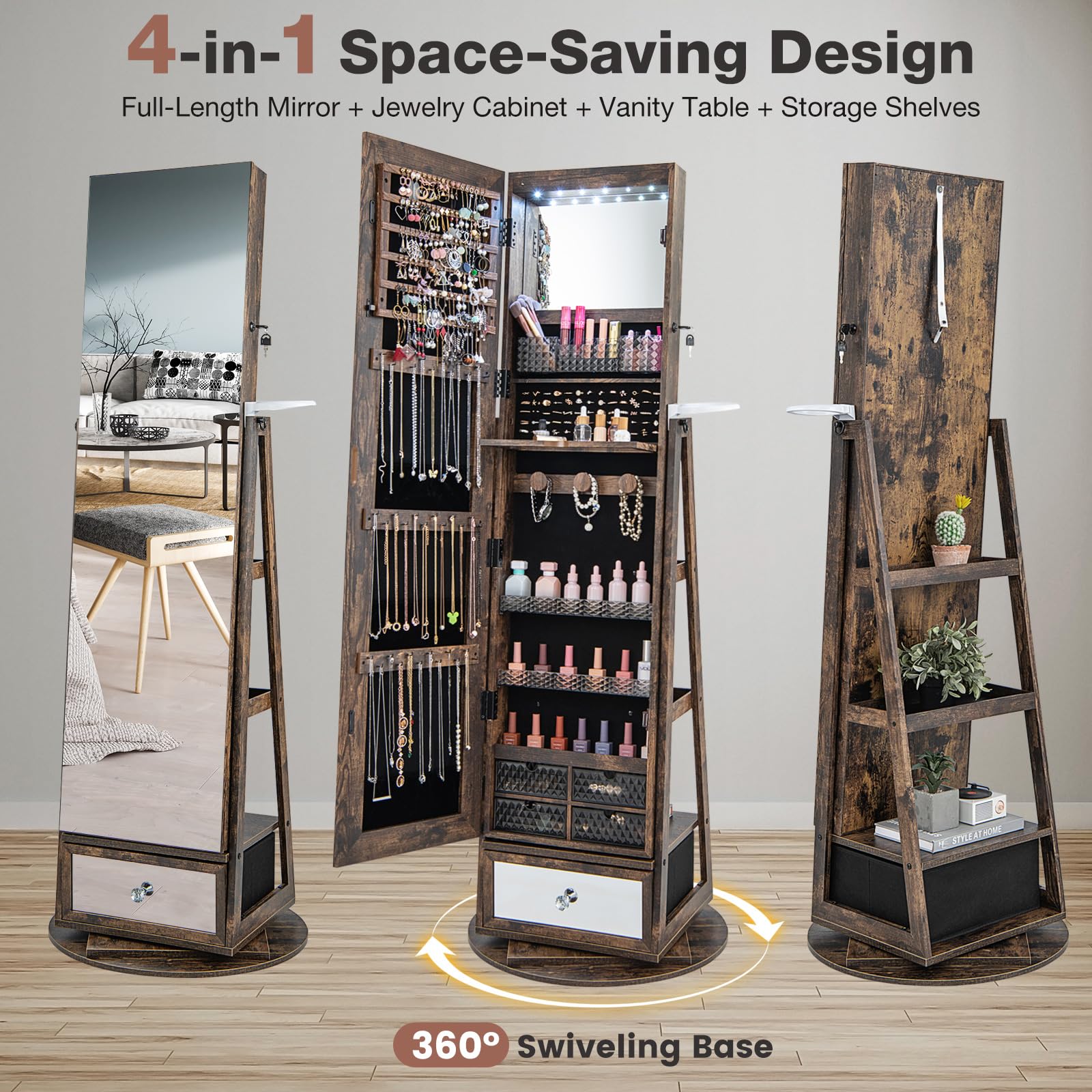 CHARMAID 360° Swivel Jewelry Cabinet Armoire with Full Length Mirror - 64.5