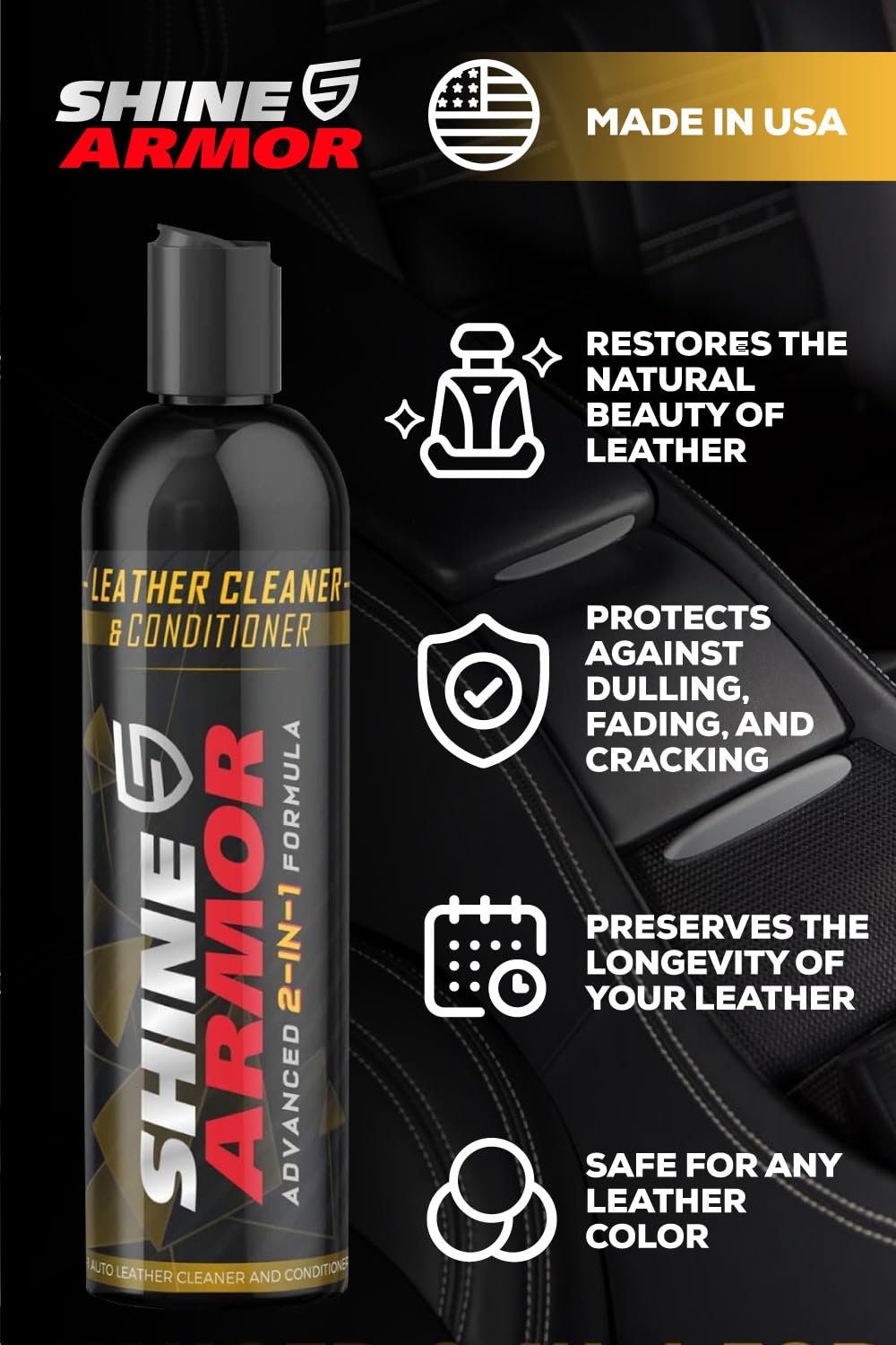 SHINE ARMOR Leather Cleaner & Protector - Car Seats, Furniture, Bags - 8 Fl Oz