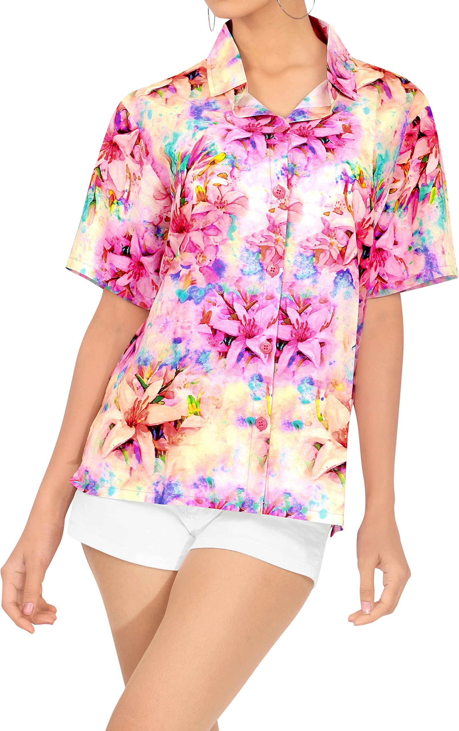 Happy Bay Women's Hawaiian Short Sleeve Beach Blouse - Floral Print Vacation Shirt for Tropical Getaways, Pool Parties & Summer Outfits