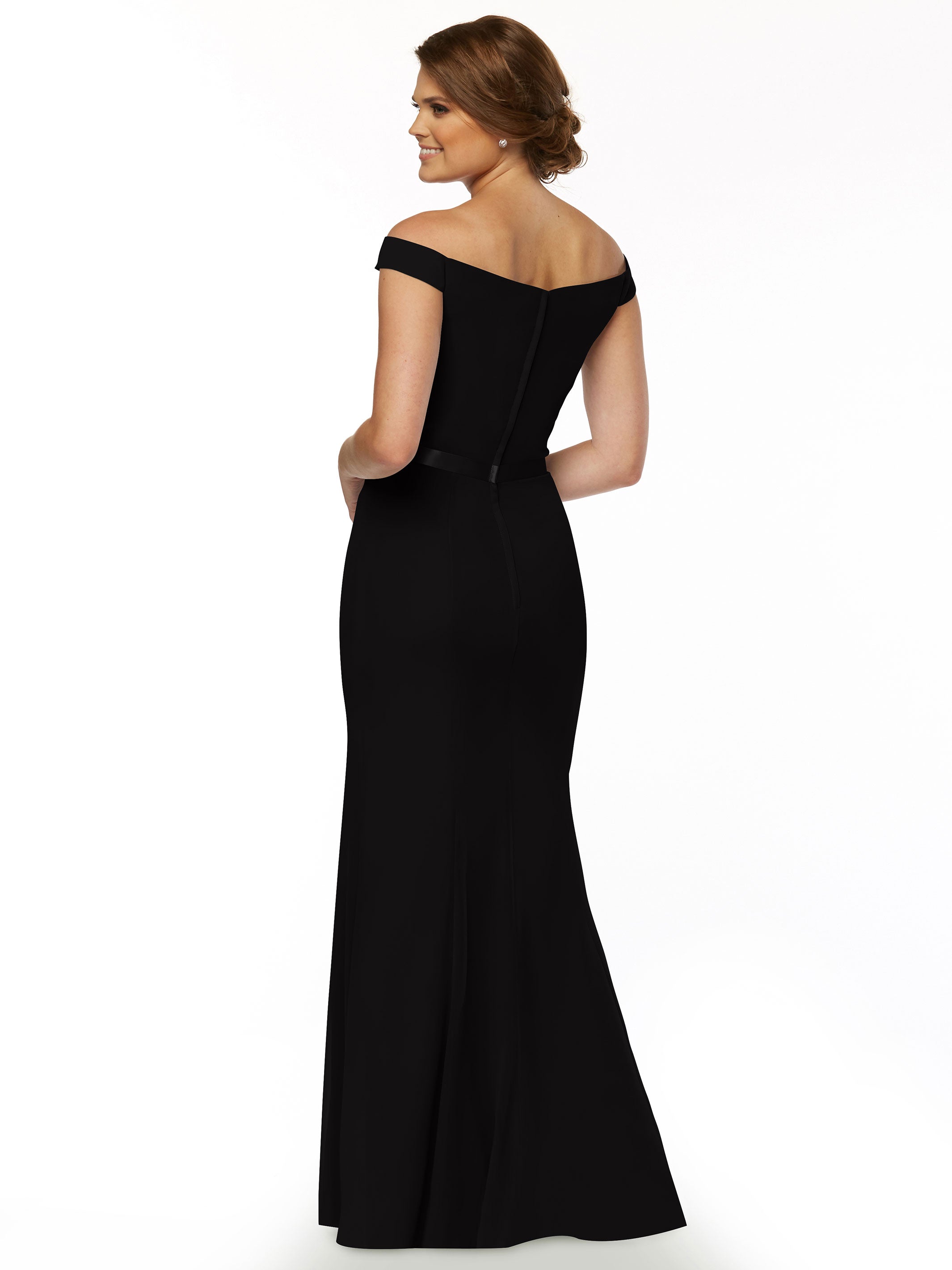 Elegant Off-the-Shoulder Chiffon Bridesmaid Dress with Ribbon Belt - Flattering Fit & Flare Design for Weddings, Parties & Special Occasions