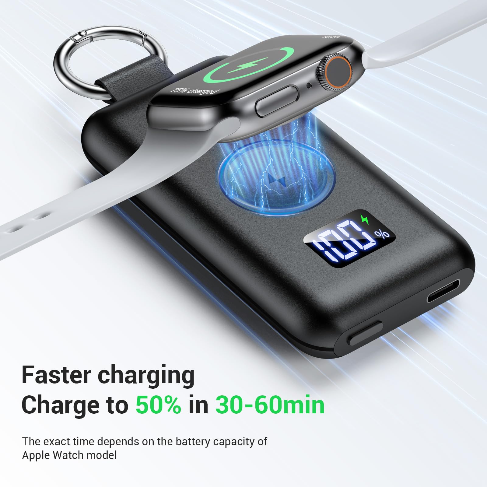 Portable Magnetic Wireless Charger for Apple Watch - 1500mAh Power Bank with LED Display | Travel Keychain Charger Compatible with Apple Watch Series 10/9/8/Ultra/7/6/5/4/3/2/SE (Black) | Perfect for Travel, Gym & Daily Charging On-The-Go