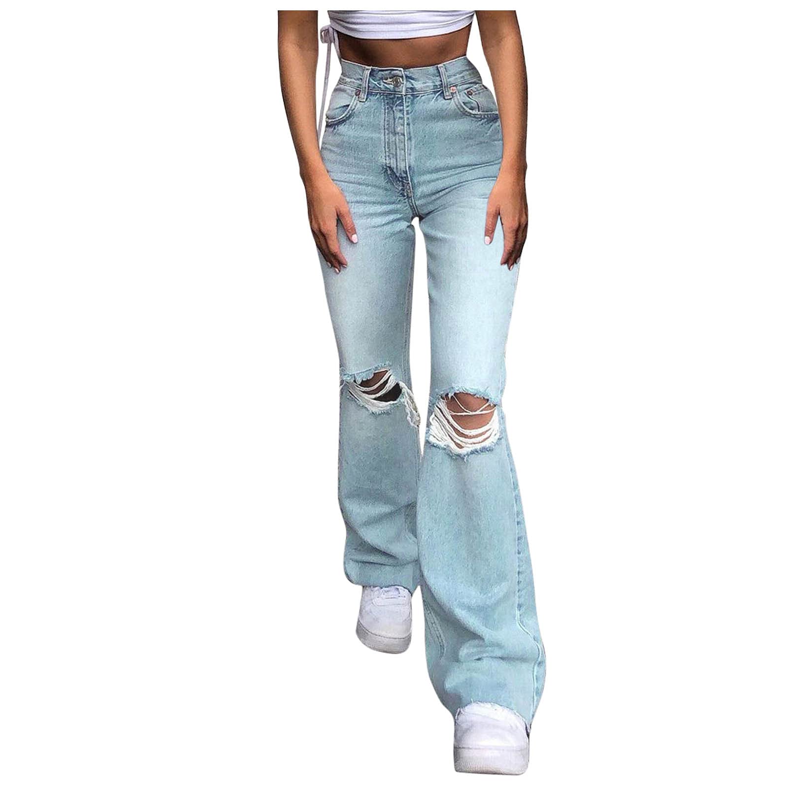Women's High Waist Flare Ripped Jeans - Casual Bell Button Denim Pants with Knee Hole Details | Perfect for Everyday Wear, Street Style & Vintage Outfits