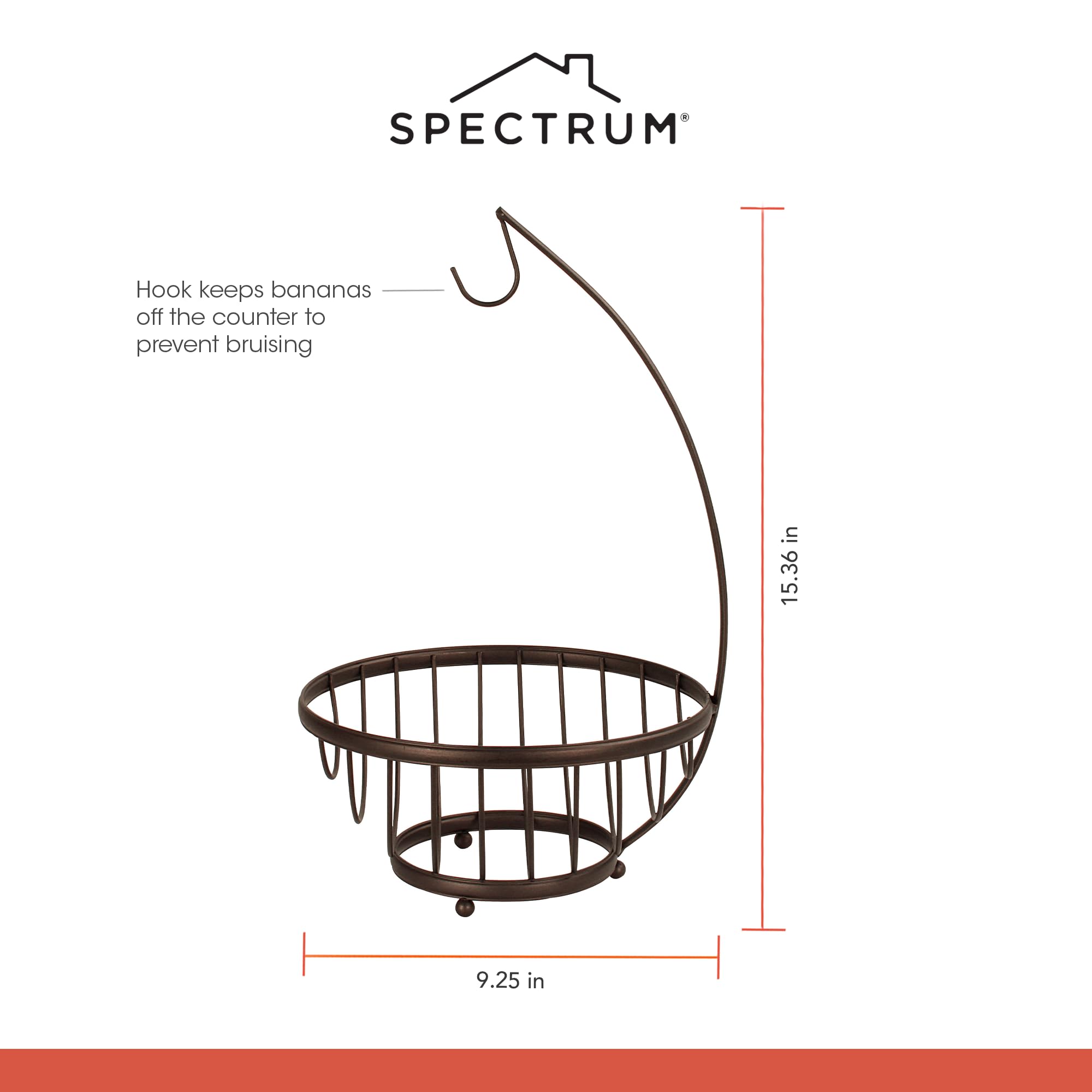 Spectrum Ashley Open Wire Fruit Basket with Banana Hanger - Kitchen Countertop Vegetable & Fruit Bowl Organizer - Produce Storage Stand for Bananas, Apples, Oranges - Perfect for Kitchen, Dining Room, Pantry Organization