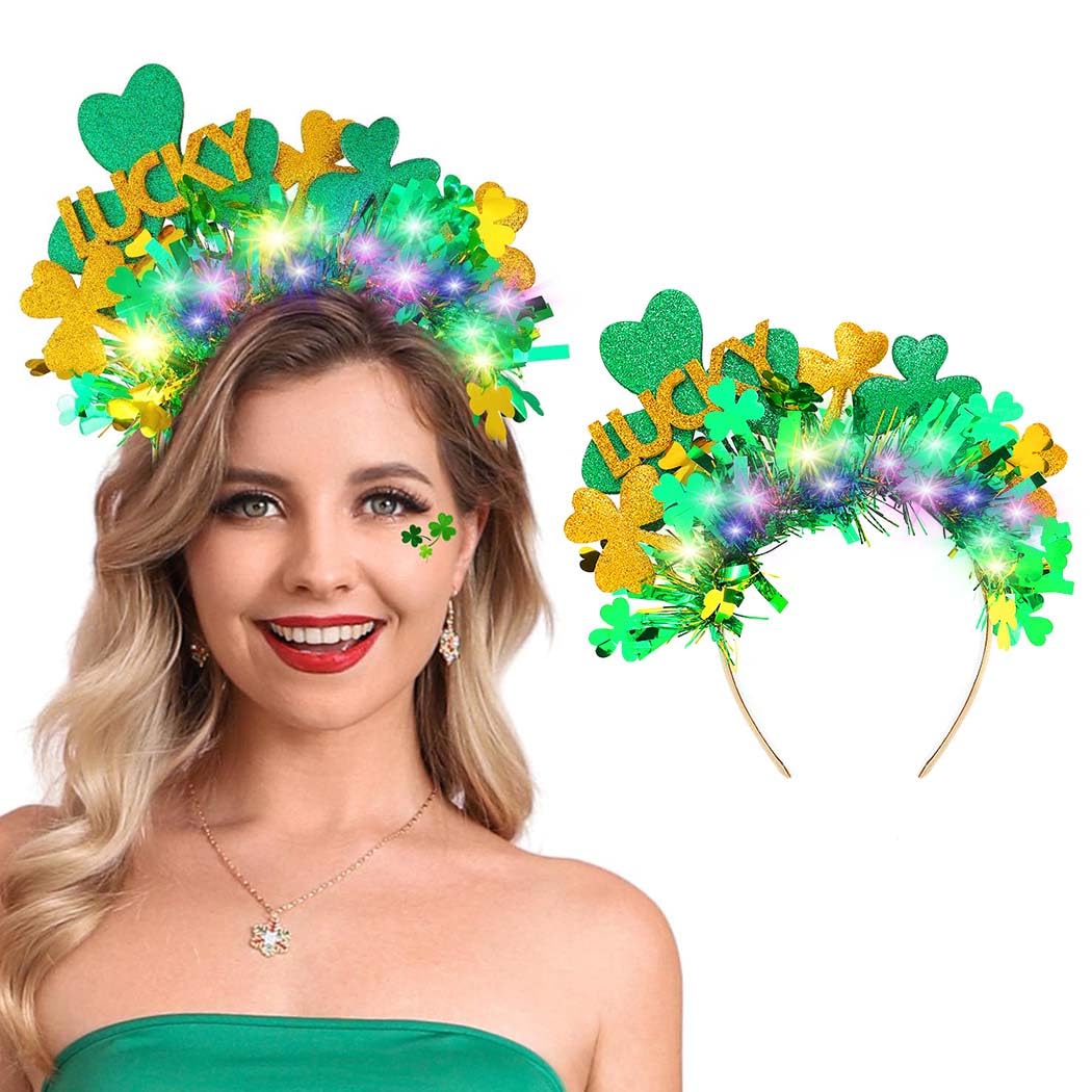 DRESBE St. Patrick's Day Light Up Headband - Green LED Shamrock Hair Accessories for Women & Girls | Irish Festival, Party, Parade & Cosplay Costume Accessory