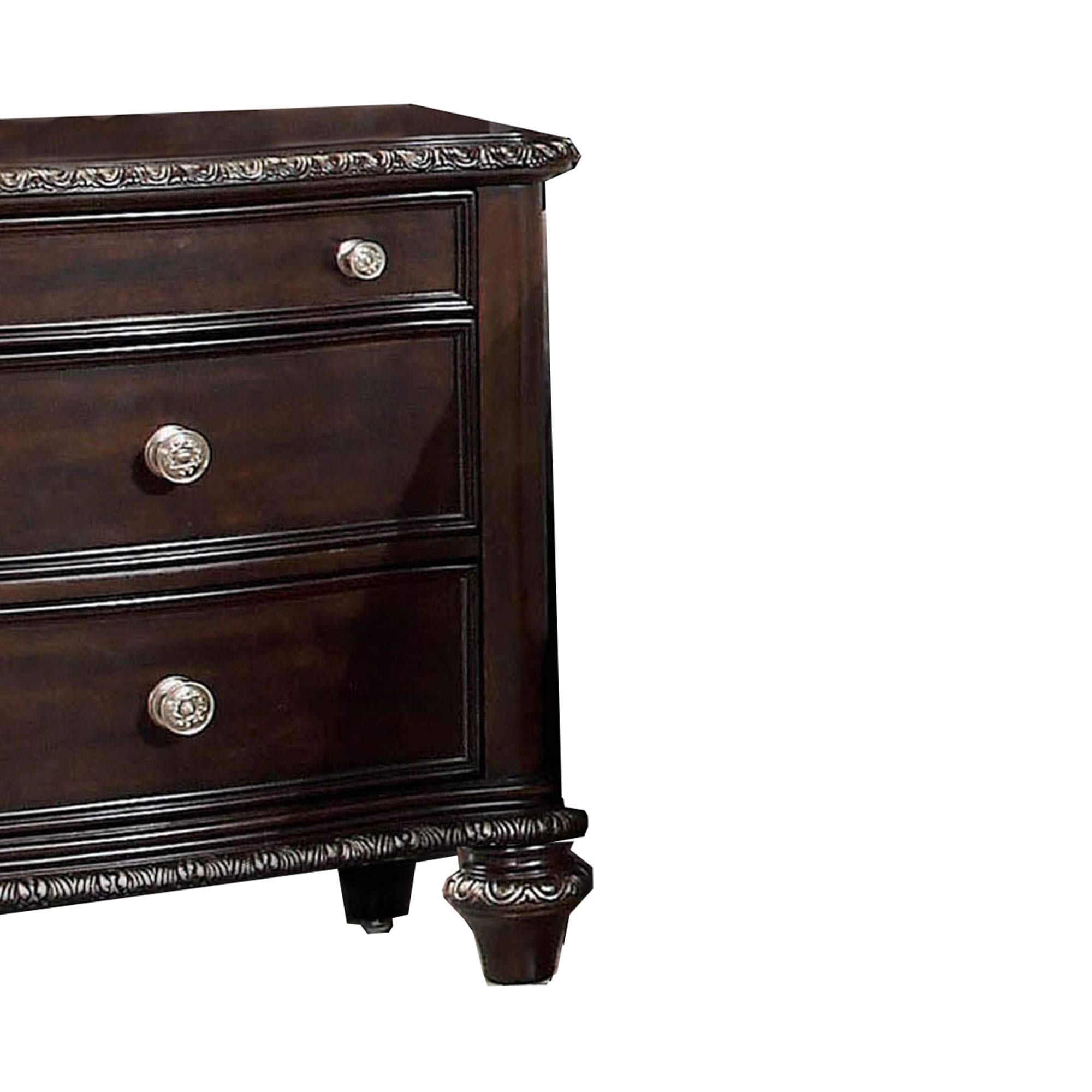 Benjara Brown Wooden Three-Drawer Nightstand with Engraved Edges & Turned Legs - Bedside Table for Bedroom, Living Room, or Guest Room Storage