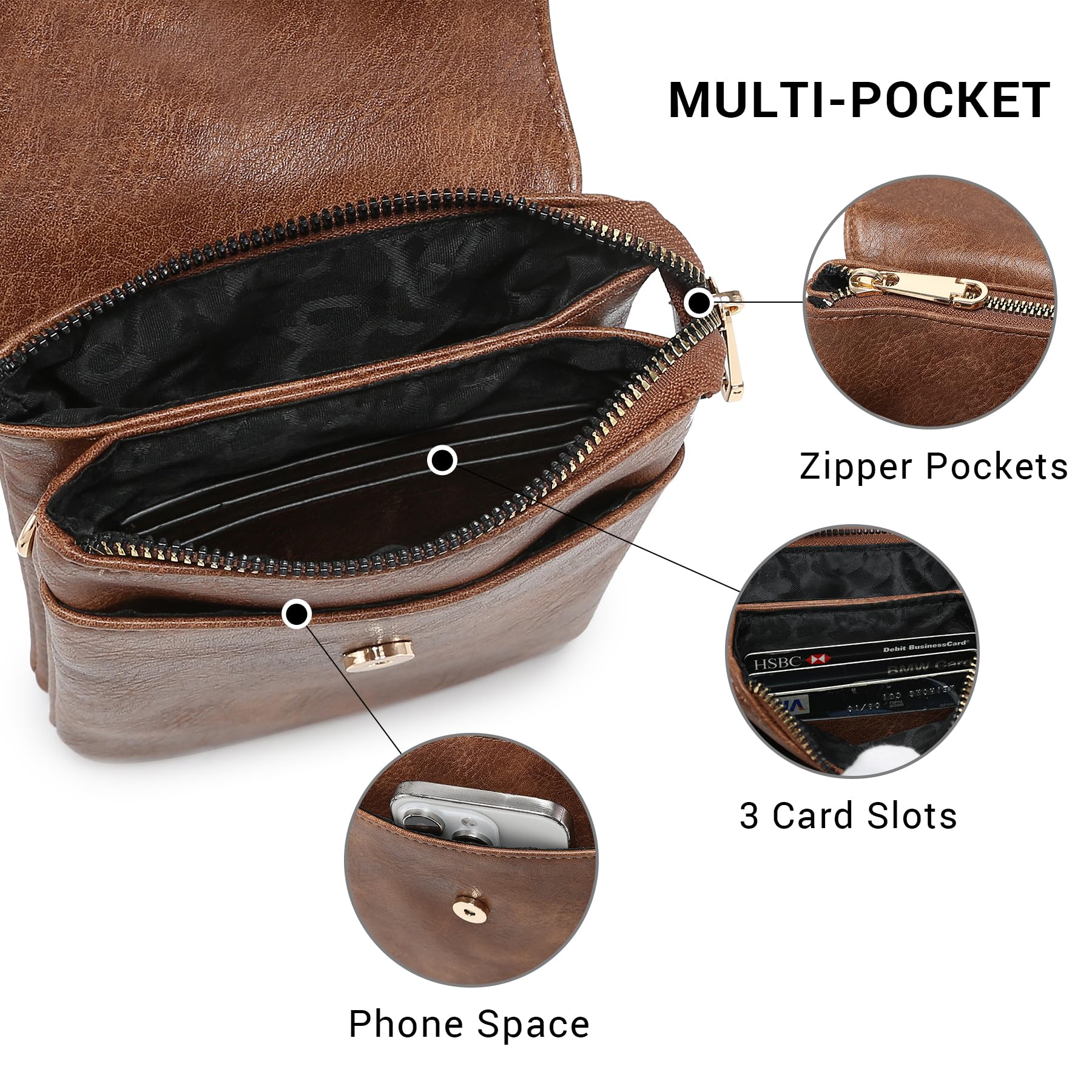 VONMAY Vegan Leather Small Crossbody Bag for Women - 3 Compartment Phone Wallet Purse with Adjustable Strap | Perfect for Everyday Use, Travel & Shopping
