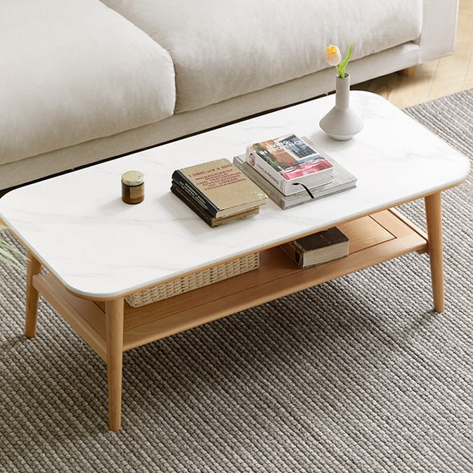 Solid Oak Wood Slate Coffee Table - Rustic Modern Living Room Furniture for Home Decor & Relaxation