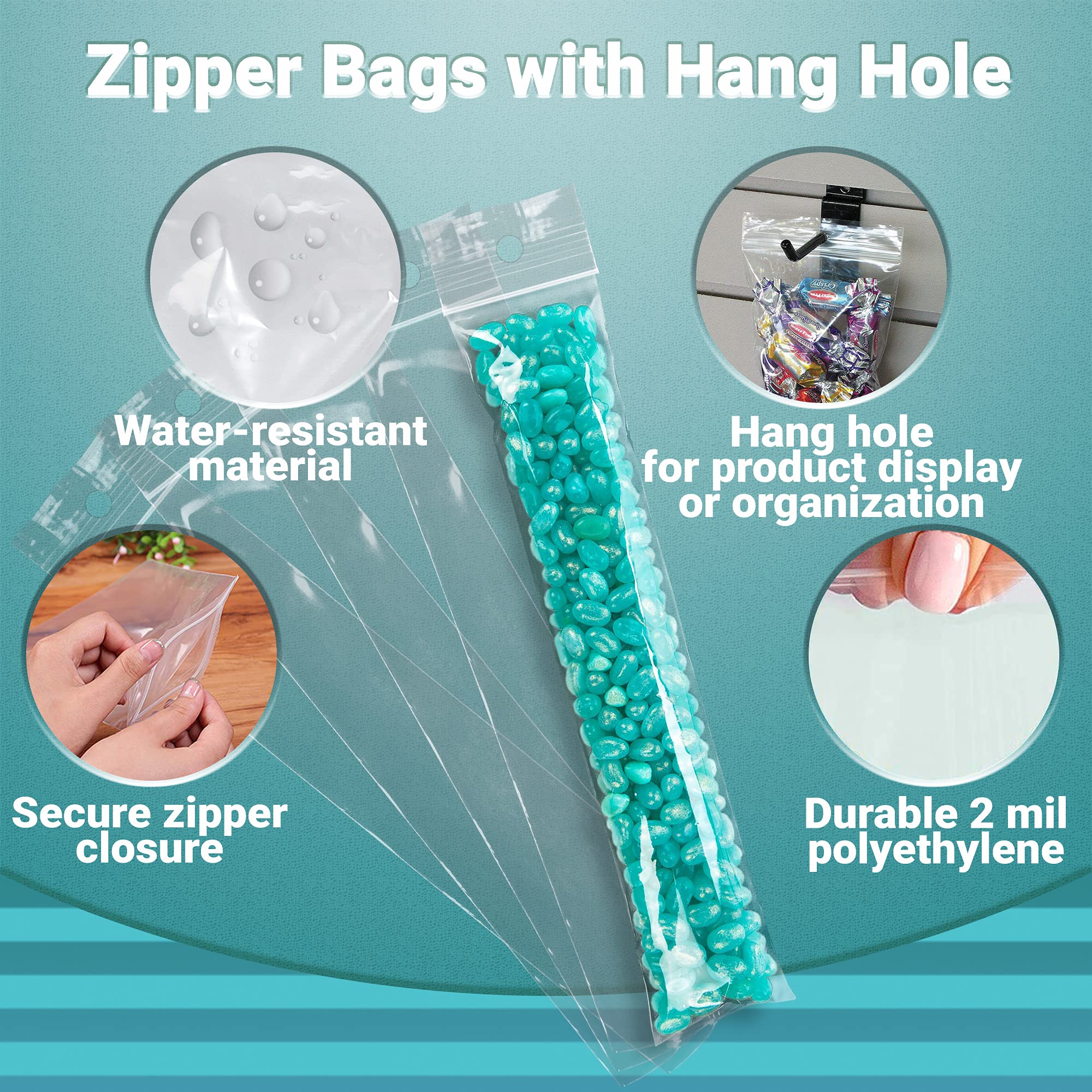 1000 Pack Clear Reclosable Zipper Bags with Hanging Hole - 2x12 Inch Resealable Plastic Bags (2 Mil) for Pills, Jewelry, Snacks & Small Items | Durable Polyethylene Packaging | Perfect for Retail, Organizing & Food Storage
