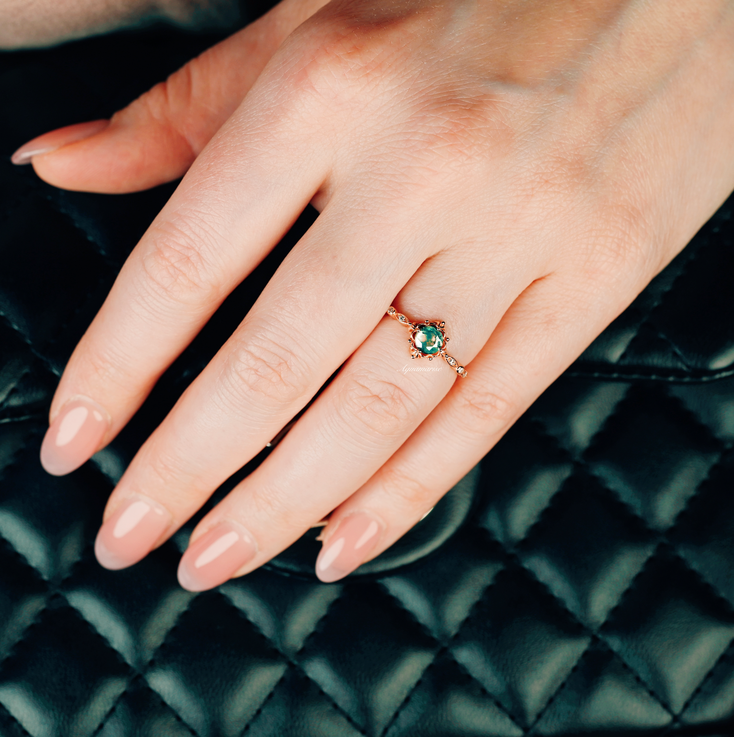 Natural Green Moss Agate Fairytale Engagement Ring - 14K Rose Gold Vermeil for Women | Elegant Wedding, Promise & Anniversary Jewelry Gift