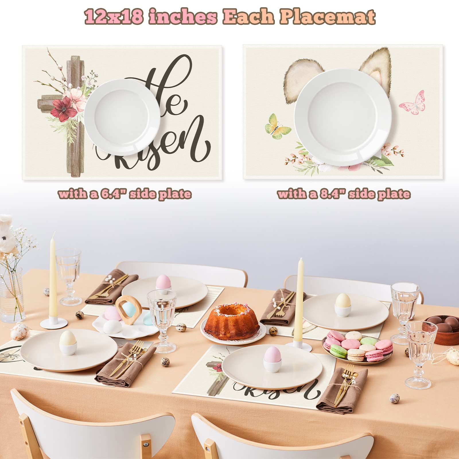 Happy Easter Placemats Set of 4 - 12x18 Inch Heat Resistant Bunny Egg Table Mats with Non-Slip Backing - Floral 'He is Risen' Design - Washable Spring Kitchen & Dining Decor for Easter Brunch, Holiday Gatherings and Home Celebration