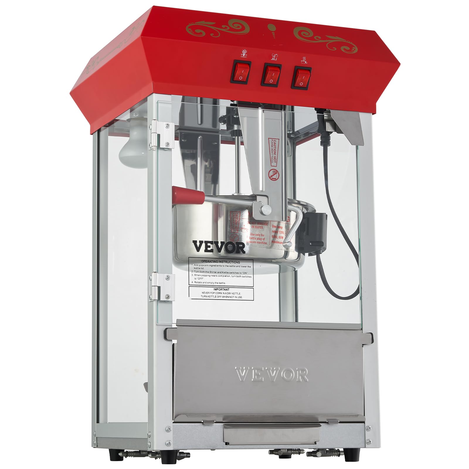 VEVOR 8 Oz Commercial Popcorn Machine - 850W Countertop Popcorn Popper Makes 48 Cups per Batch - Theater Style with 3-Switch Control, Steel Frame & Tempered Glass - Includes Scoop & Spoons (Red) - Perfect for Movie Nights, Carnivals, and Snack Bars