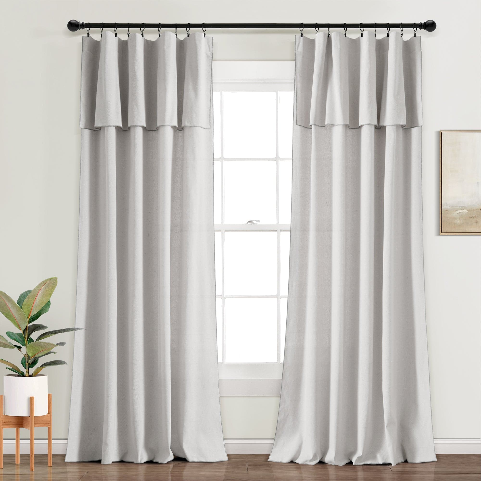 Modern Faux Linen Embroidered Edge Window Curtain Panel Set with Attached Valance - Elegant Home Decor for Living Room, Bedroom & Dining Room
