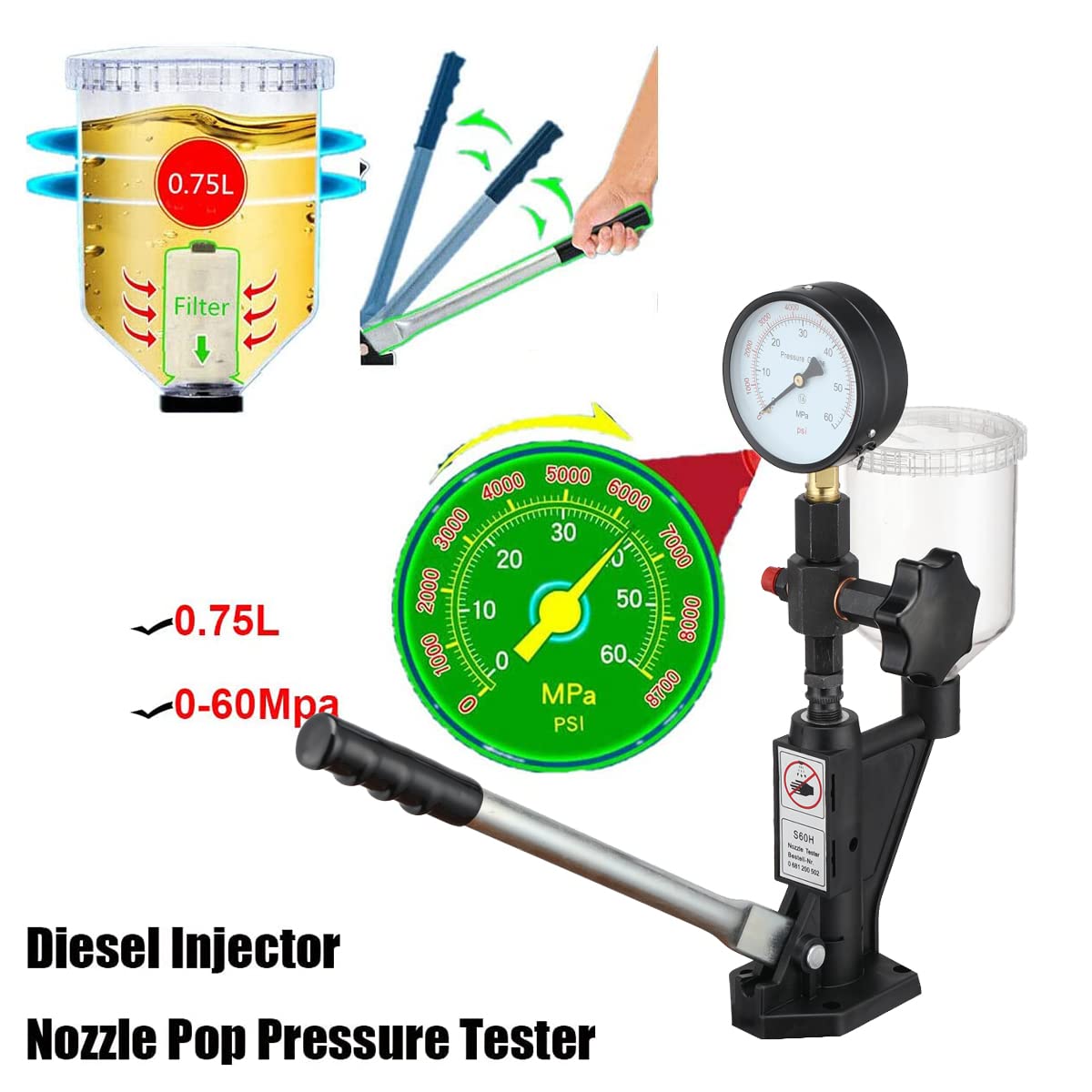 600Bar Diesel Injector Tester 8700PSI - Dual Scale Gauge for Adjusting & Testing Diesel Fuel Injector Nozzle Pop Pressure - Perfect for Automotive Repair Shops & Diesel Engine Maintenance