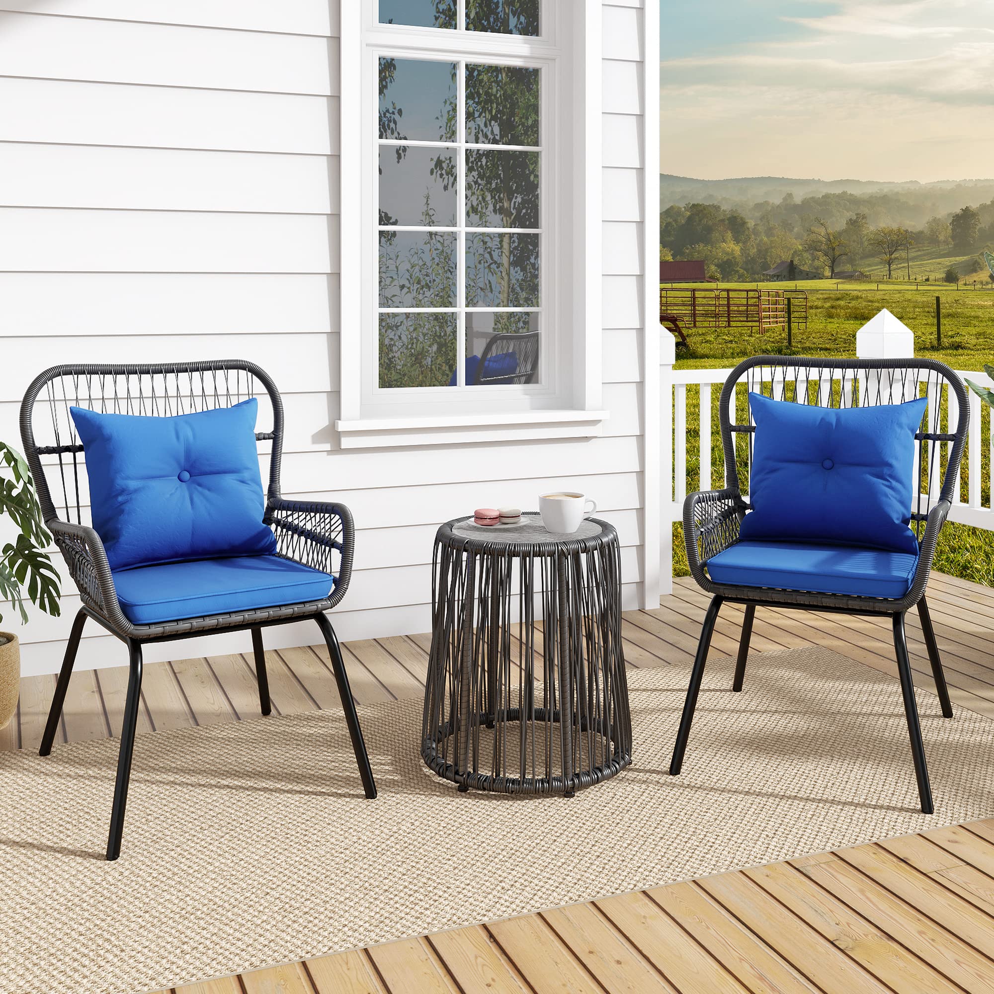 YITAHOME 3-Piece Outdoor Patio Furniture Set - All-Weather Wicker Bistro Chairs with Cushions & Glass Side Table - Gray & Navy Blue Rattan Conversation Set for Backyard, Balcony, Deck, Garden & Poolside Relaxation