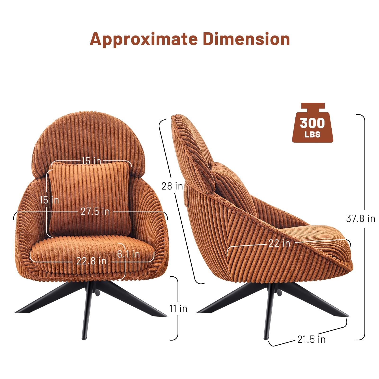 Furniliving Large Swivel Accent Chair - Modern Upholstered Armchair with Pillow & Headrest - Comfy Corduroy Living Room, Bedroom & Office Chair - Perfect for Relaxing, Reading & Working - Orange