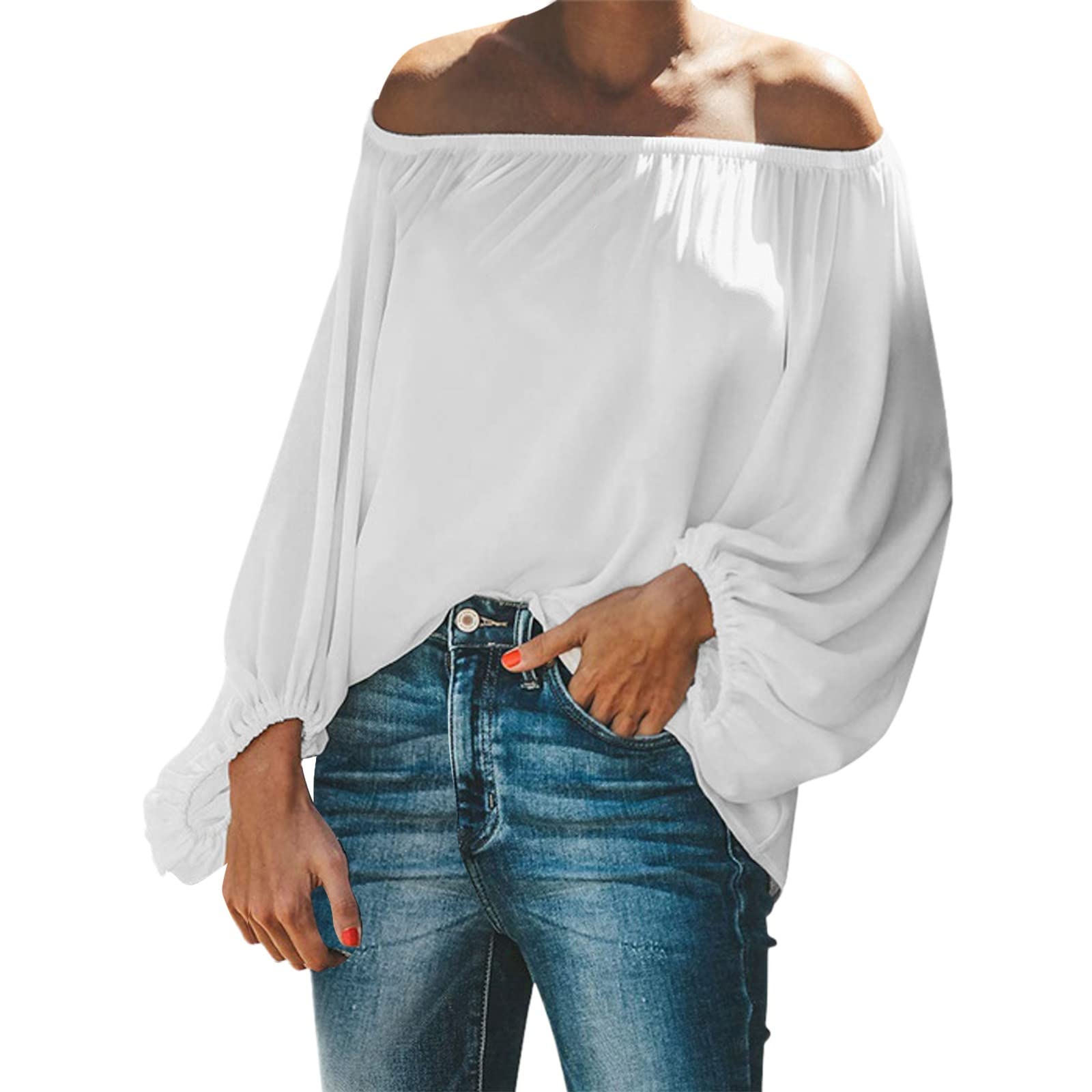 EHSIJAI Women's Off Shoulder T-Shirts Pack - Solid Color, Long Sleeve, Loose Fit Casual Tops for Spring & Summer | Perfect for Beach, Vacation, and Everyday Wear