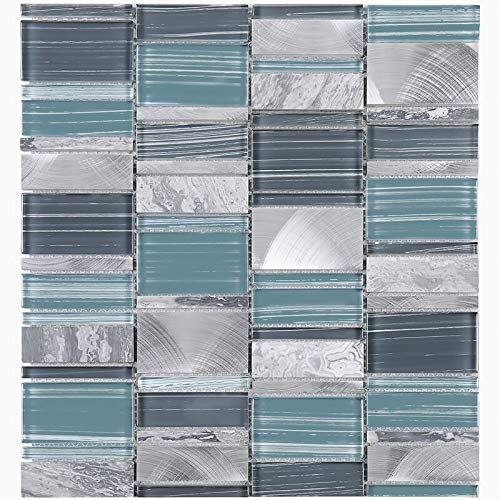 Brickmax Blue & Grey Aluminum Glass Mosaic Tile - 10 Sheets/Case for Kitchen Backsplash, Bathroom Wall, Shower Tile - Waterproof Peel & Stick DIY Home Decor