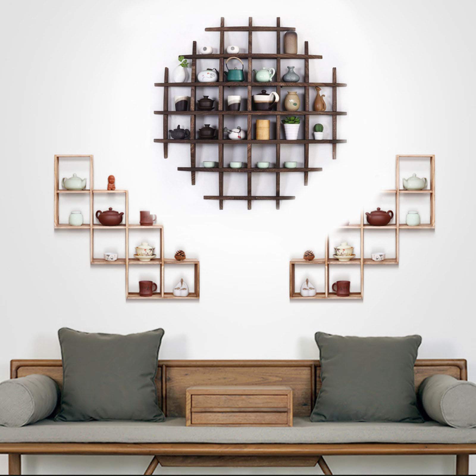 Solid Wood Honeycomb Wall Shelf - Durable Storage Rack for Home Decor | Chinese Modern Retro Style | 100x100cm Display Cabinet for Porch, Tea Room & Living Room Organization
