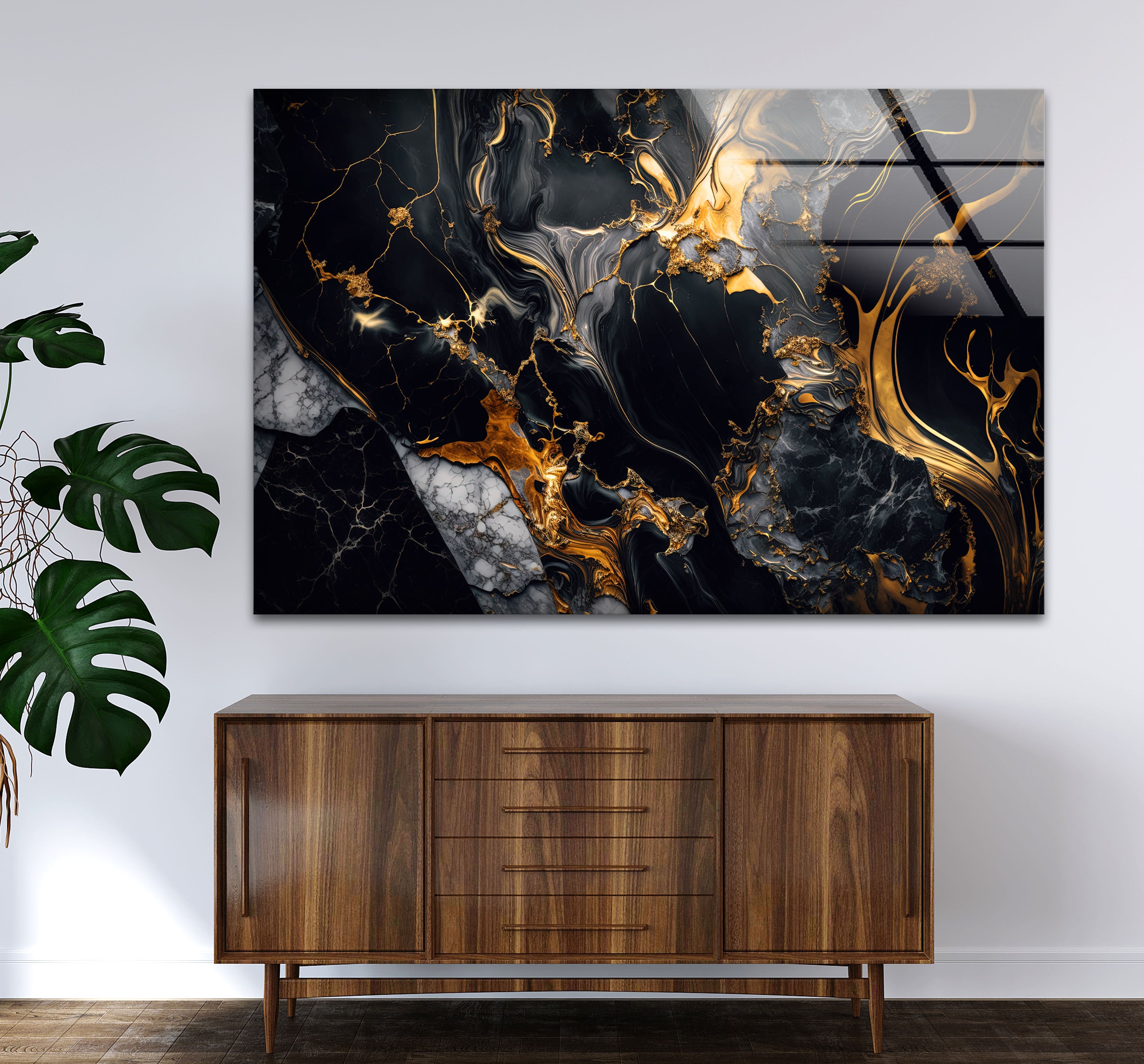 Luxury Black Marble Gold Flow Abstract Glass Wall Art Print - Modern Home & Office Decor for Living Room, Bedroom, Dining Area