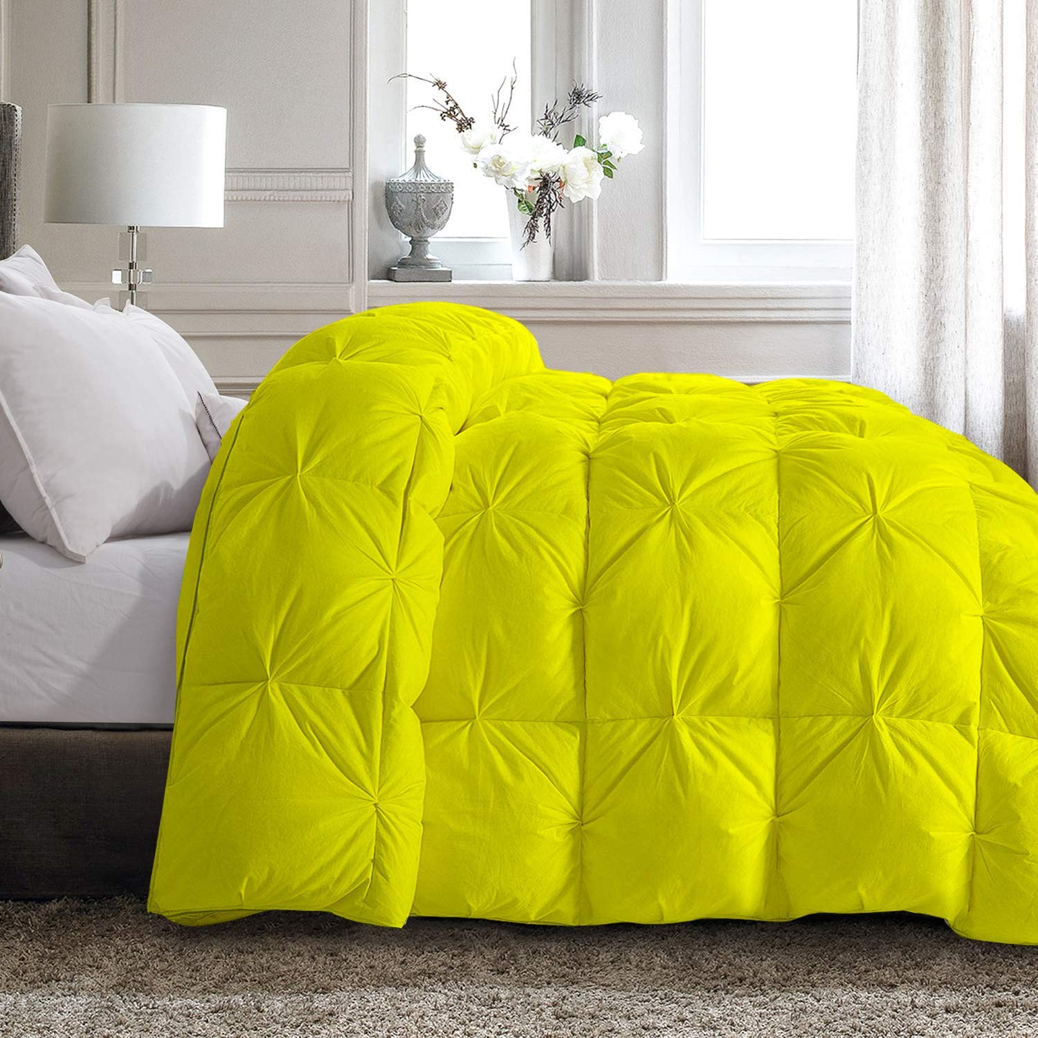 Premium 500 GSM Yellow Pinch Pleat Goose Down Comforter for Twin/Twin XL Beds | 100% Egyptian Cotton Duvet Insert with Corner Tabs - 800 Thread Count Baffle Box Design | Includes 2 Pillowcases (3-Piece Set) | Ideal for Cozy Bedrooms, Guest Rooms & Dorm Comfort