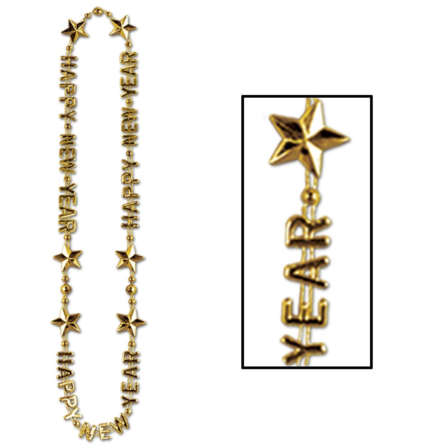 12 Pack Gold Happy New Year Bead Necklaces - Party Favors for New Year's Eve, Countdown Events & Celebrations