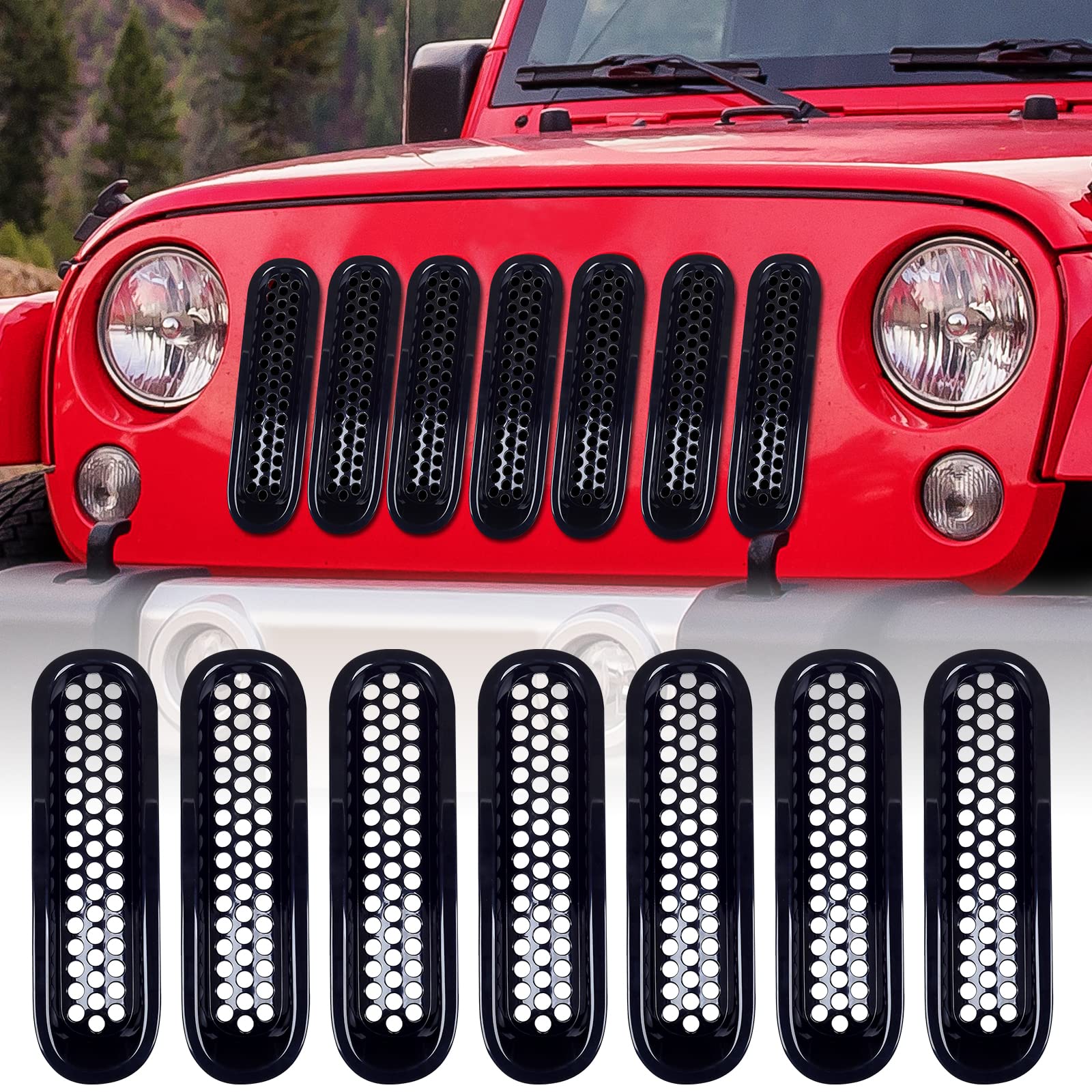 AggAuto Glossy Black 7-Piece Grille Inserts for Jeep Wrangler JK & JKU (2007-2018) - Front Mesh Grill Cover Accessories for Off-Road Protection & Style Enhancement