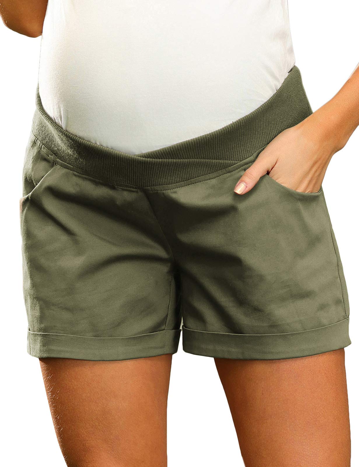 **Maacie Maternity Shorts for Women - Under Belly Cross Waist Casual Shorts with Pockets - Comfortable Pregnancy Wear for Summer & Everyday Use**