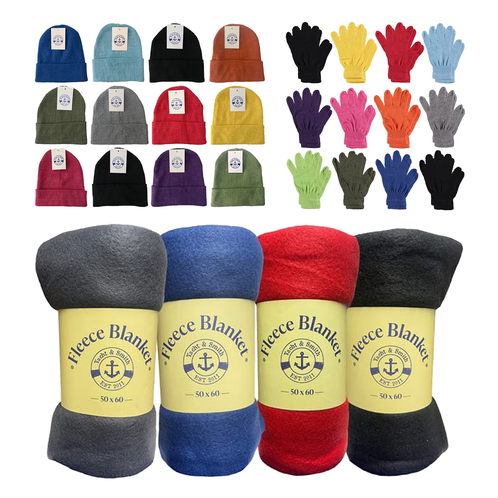 Yacht & Smith 36-Piece Winter Kit - Fleece Blankets, Adult Beanies, Gloves Set for Cold Weather | Wholesale Bulk Pack for Gifts, Camping & Home Use