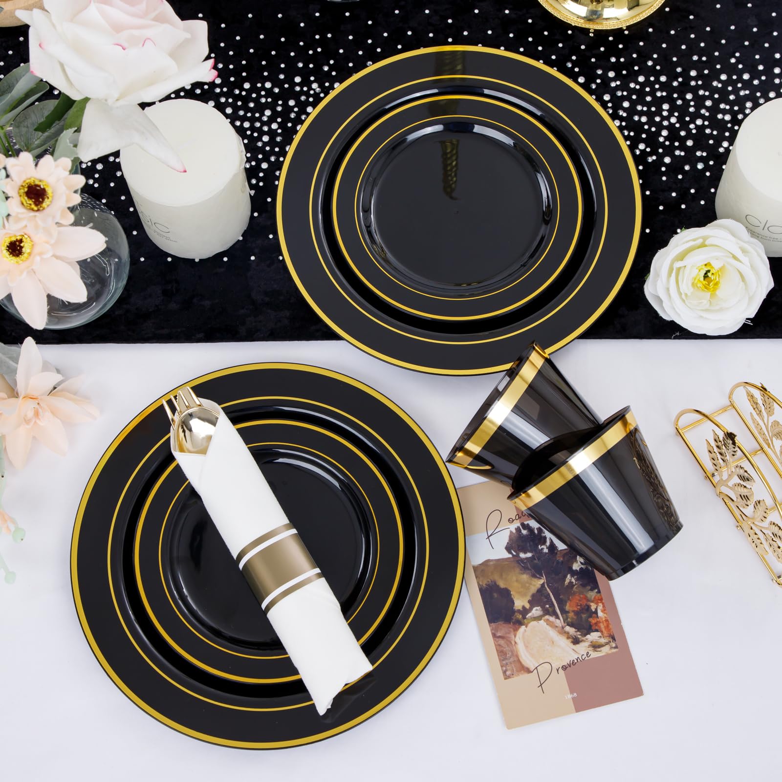 350-Piece Black and Gold Disposable Plastic Plate Set with Silverware - 50 9