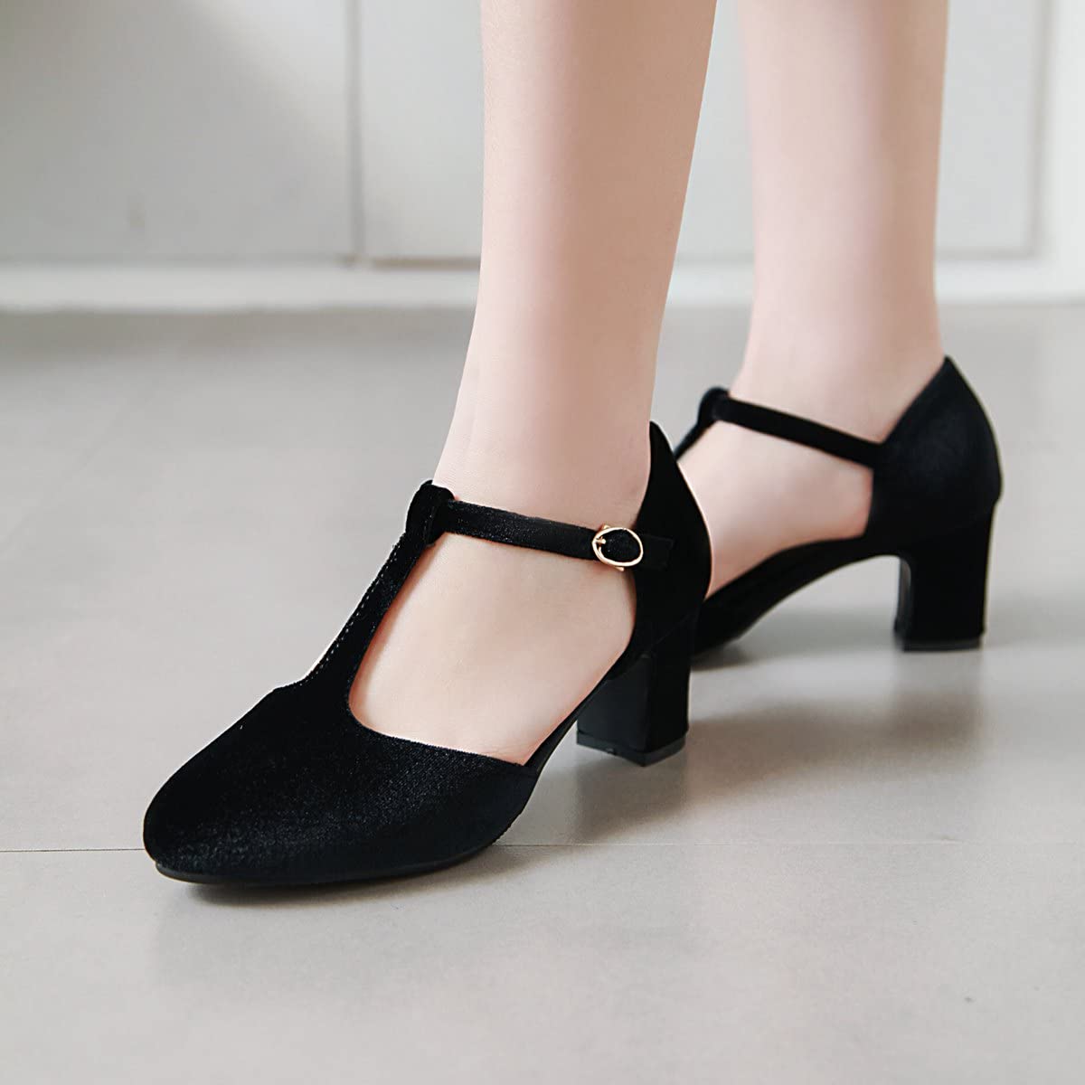 Women's T-Strap Chunky Heel Pumps - Velvet Block High Heels in Black & Green | Closed Toe Dress Shoes with Ankle Strap for Parties, Weddings & Evening Events