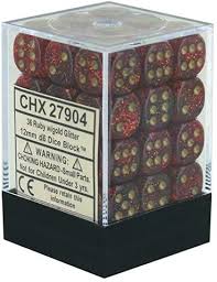 Chessex 36-Pack Ruby Red with Gold Glitter 12mm Pipped D6 Dice Set - Perfect for D&D, Board Games, RPGs, and Collectors