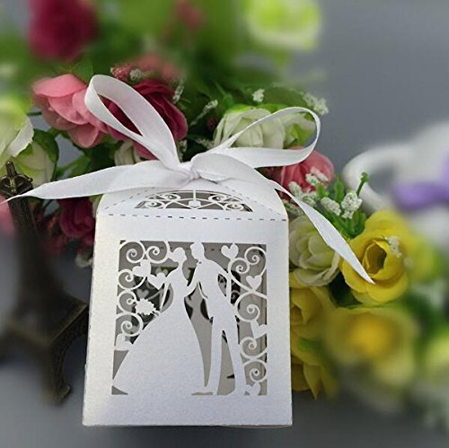 50Pcs Elegant Laser-Cut Pearl Wedding Candy Boxes with Ribbon for Bride & Groom - Perfect for Wedding Favors, Bridal Showers, and Anniversary Celebrations (White)