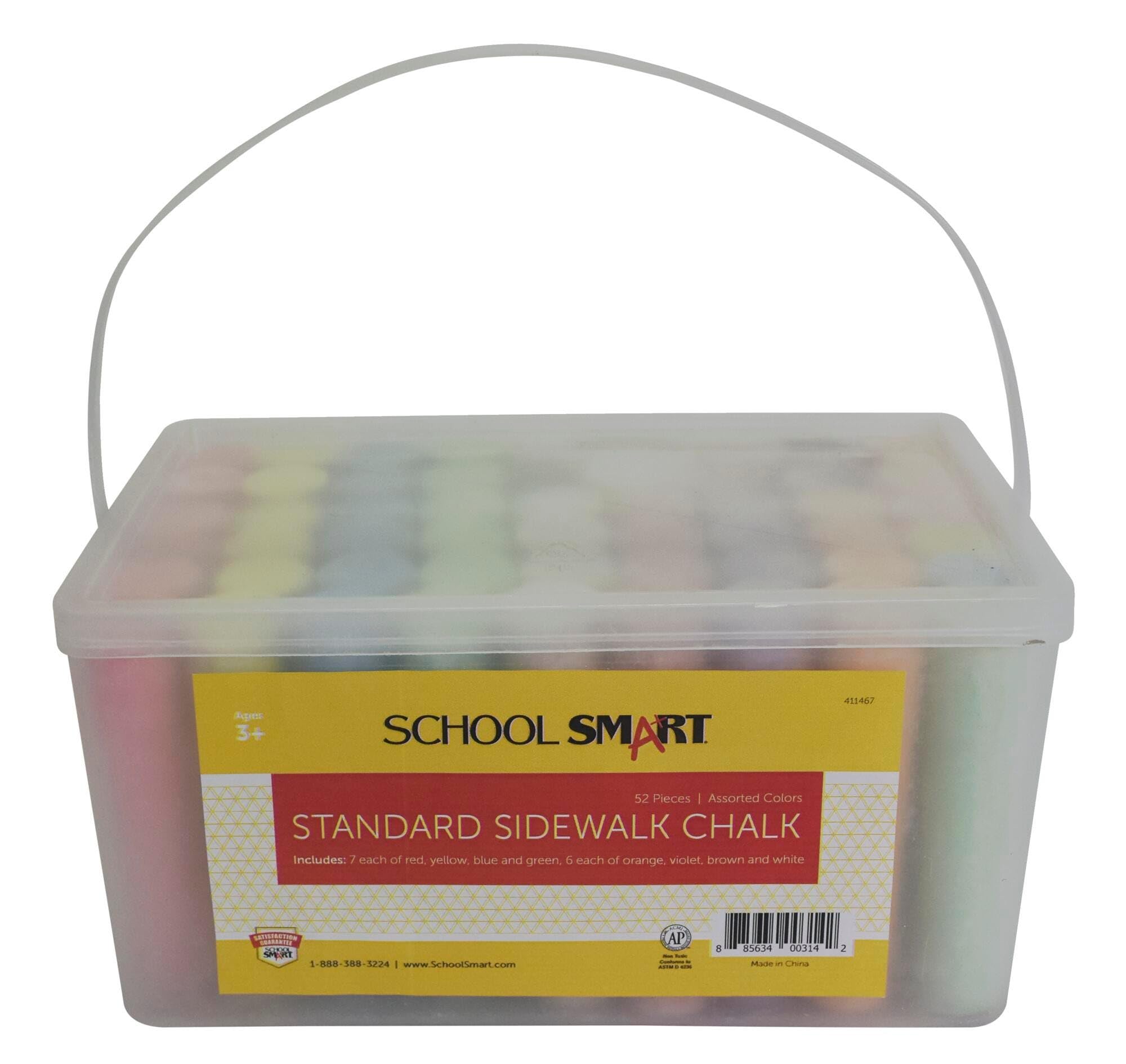 School Smart Jumbo Sidewalk Chalk Set - 52 Vibrant Assorted Colors in Durable Storage Tub | Non-Toxic, Washable Outdoor Chalk for Kids Ages 3+ | Perfect for Driveway Art, Hopscotch & Summer Outdoor Activities