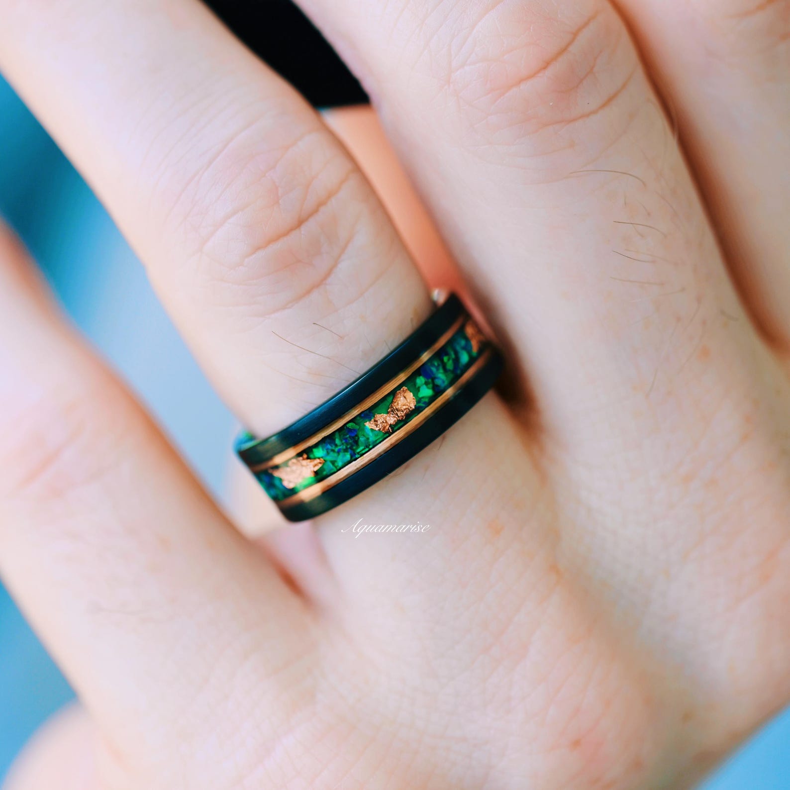 Elegant Green Fire Opal & Rose Gold Leaf Wedding Band - 6MM or 8MM Rose Gold Black Tungsten Ring for Women - Perfect for Engagement, Anniversary & Romantic Occasions