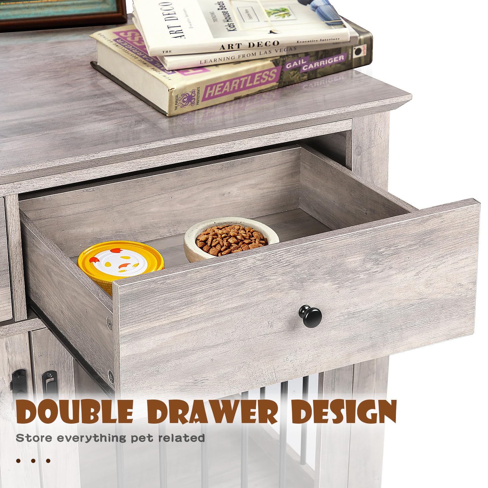 LEMBERI 44 Inch Large Dog Crate Furniture - Wooden Dog Kennel End Table with Storage Drawers, Decorative Pet Cage Indoor Dog House for Medium to Large Dogs - Perfect for Living Room, Bedroom & Home Decor