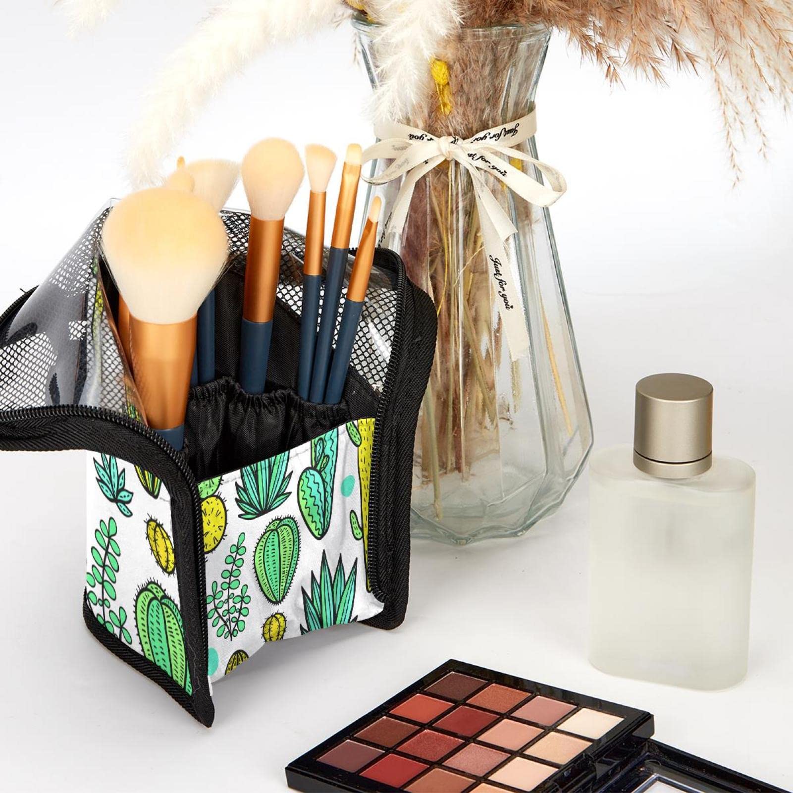 12-Piece Watercolor Tropical Cactus Makeup Brush Organizer Set - Portable Cosmetic Brush Holder Case for Travel & Home Storage