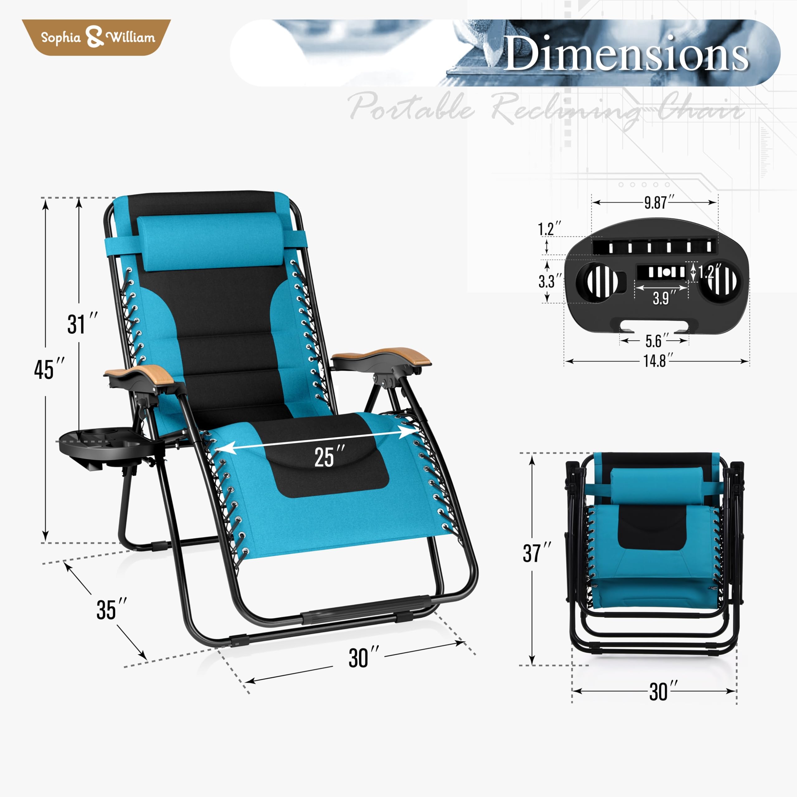 Sophia & William Oversized XL Zero Gravity Recliner Chair Set of 2 - Heavy Duty 400 LBS Capacity Adjustable Folding Lounge Chairs with Padded Seat, Wide Armrests & Cup Holders - Perfect for Patio, Backyard, Poolside Relaxation and Outdoor Lounging (Aqua Blue)