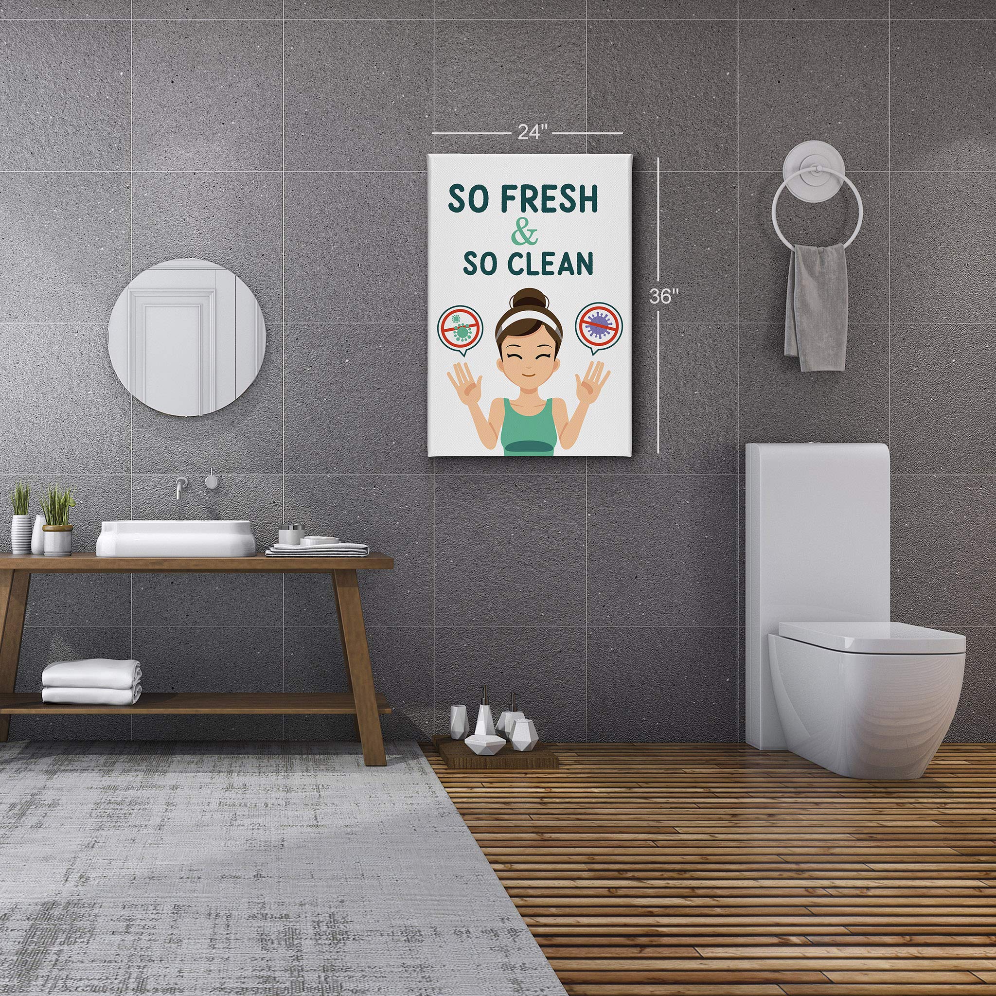 Smile Art Design 'So Fresh So Clean' Bathroom Canvas Print - Funny Cute Bathroom Sign for Kids, Nursery Wall Art, Home Decor - Ready to Hang 12x8 Inch - Made in USA | Perfect for Bathroom, Kids Room & Nursery Decor