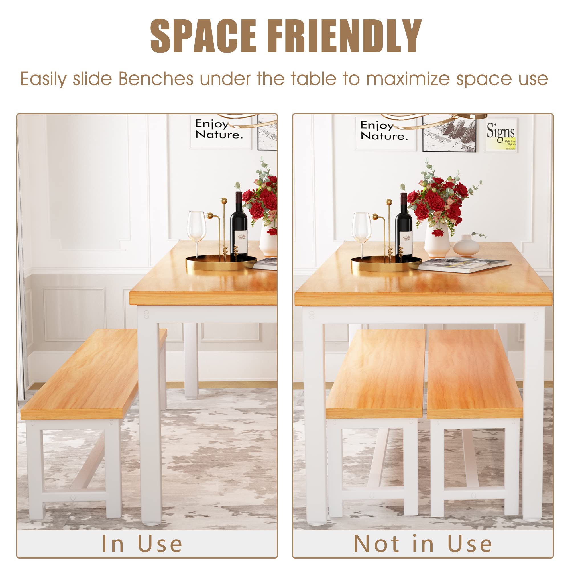 Hooseng 4-Person Dining Table Set with 2 Benches - 47 Inch Space-Saving Kitchen Table & Chairs for Small Families - Heavy Duty Sturdy Metal Frame in Beige - Perfect for Breakfast Nooks, Small Kitchens, and Cozy Dining Areas