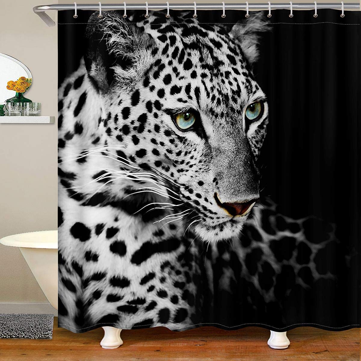Black and White Leopard Print Bath Shower Curtain - Waterproof African Safari Animal Fabric with Cheetah Jungle Wildlife Design - 72x72 Inches for Kids Boys Bathroom Decor - Perfect for Jungle Themed and Safari Inspired Bathrooms