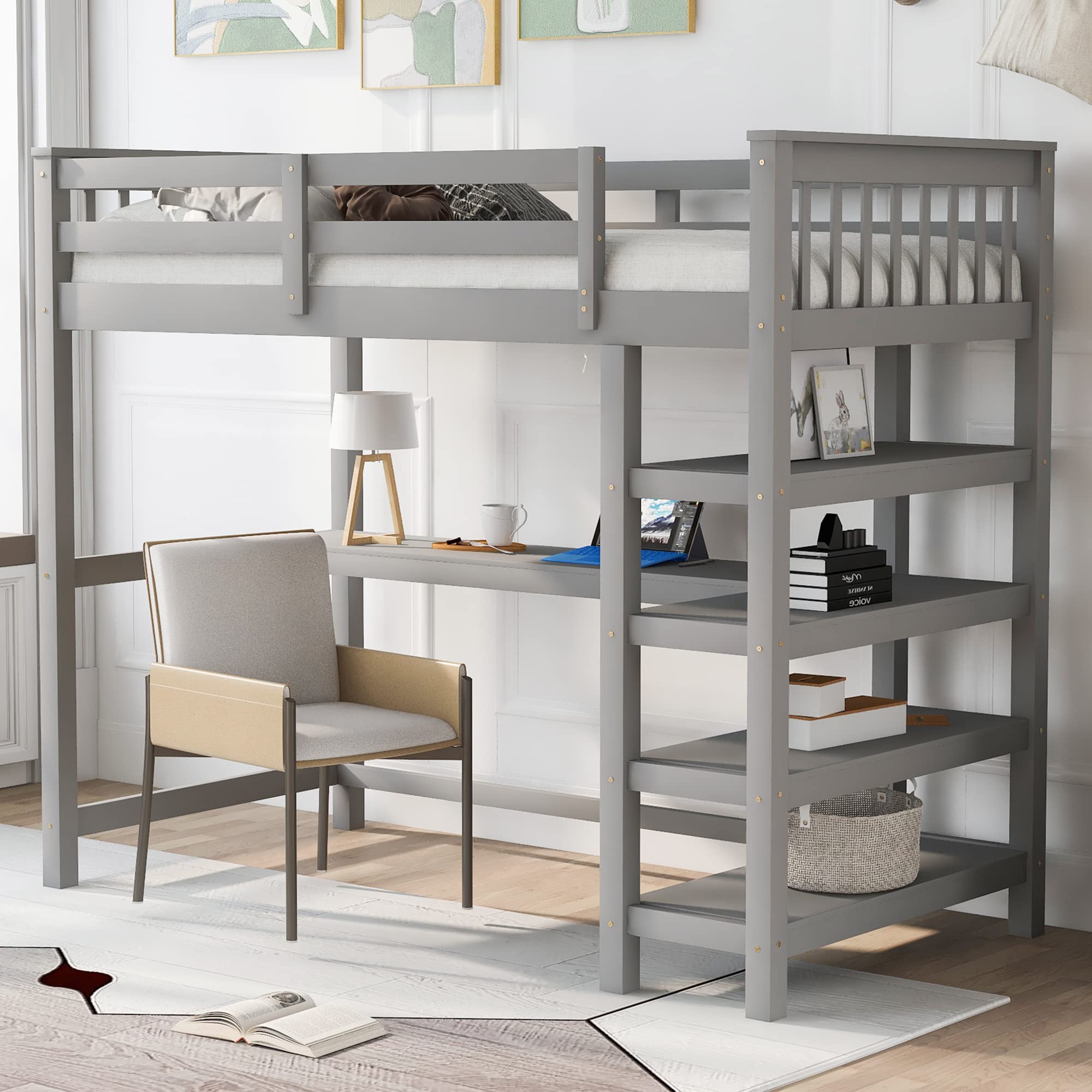Harper & Bright Designs Twin Size Loft Bed with Desk & Storage Shelves - Space-Saving Wooden Loft Bed for Kids & Teens, No Box Spring Needed, Grey - Perfect for Small Bedrooms, Dorm Rooms & Studio Apartments