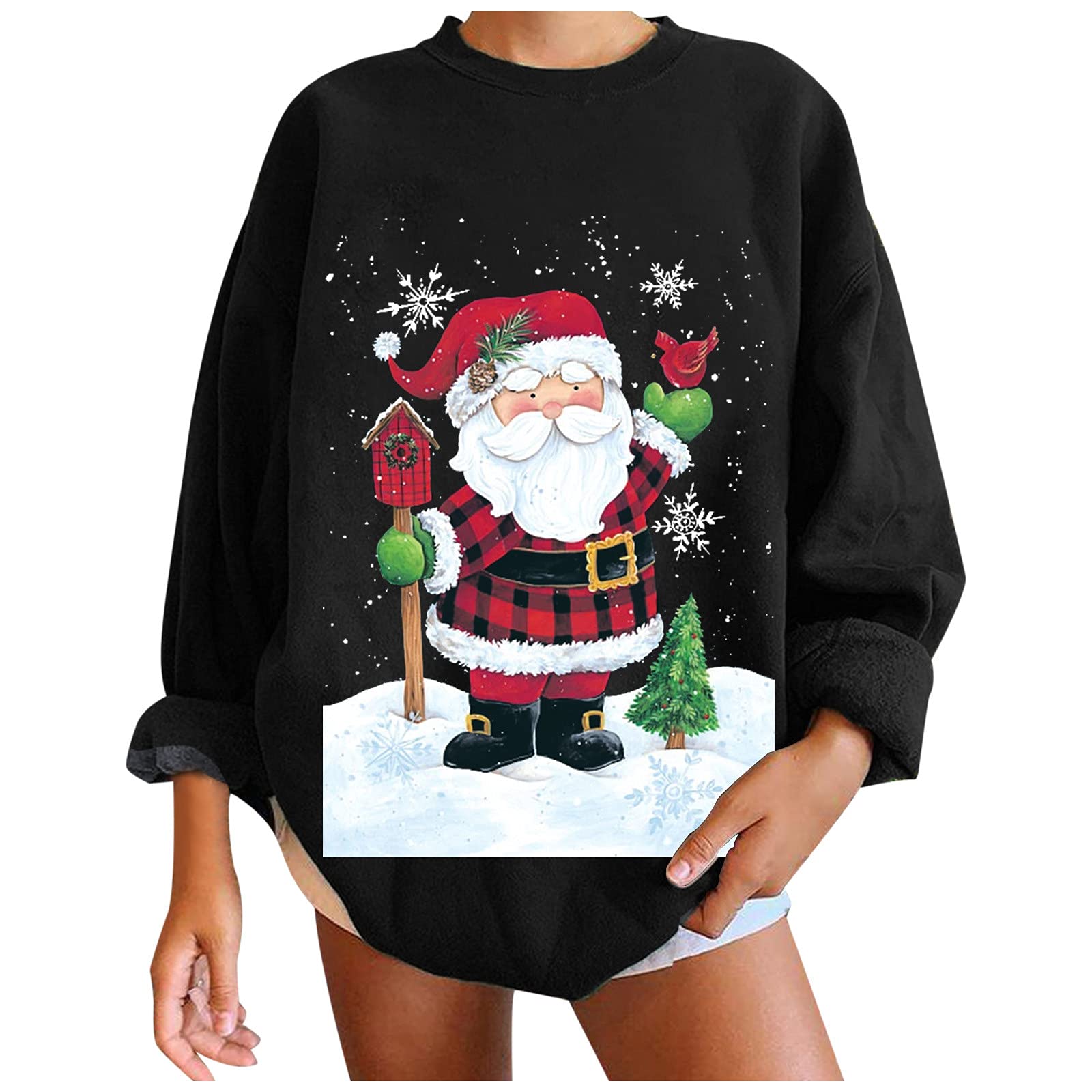 Women's Long Sleeve Christmas Sweatshirt - Cute Santa Claus Graphic Pullover Crewneck Tee | Holiday Party Outfit, Gift Idea & Casual Winter Wear