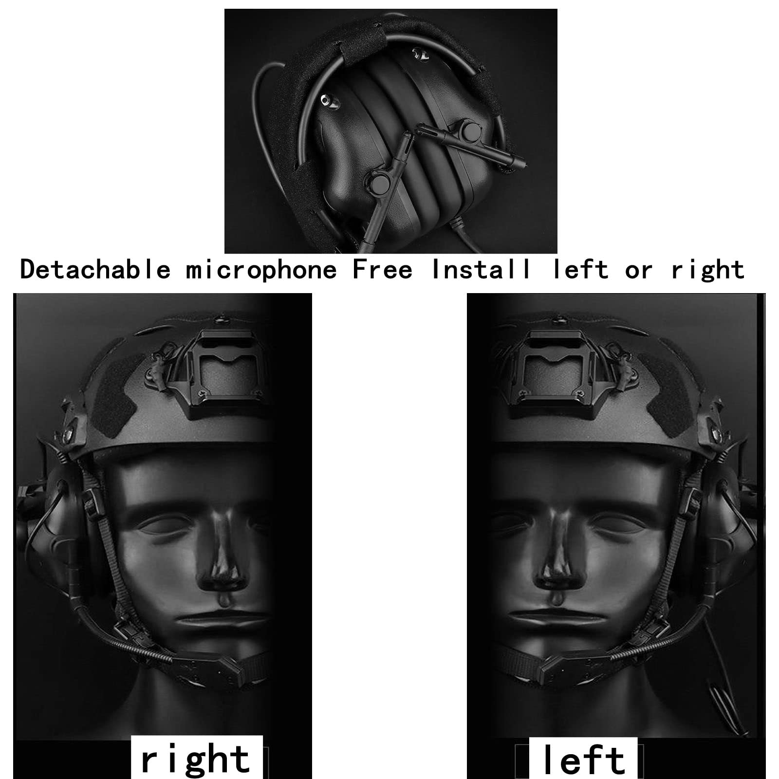 Tactical Helmet Headset with U94 PTT 2pin & ARC Rail Adapter - Compatible with Ops-Core Fast, ACH, MICH Helmets - Ideal for Airsoft, Hunting, Shooting & Military Training (Black)