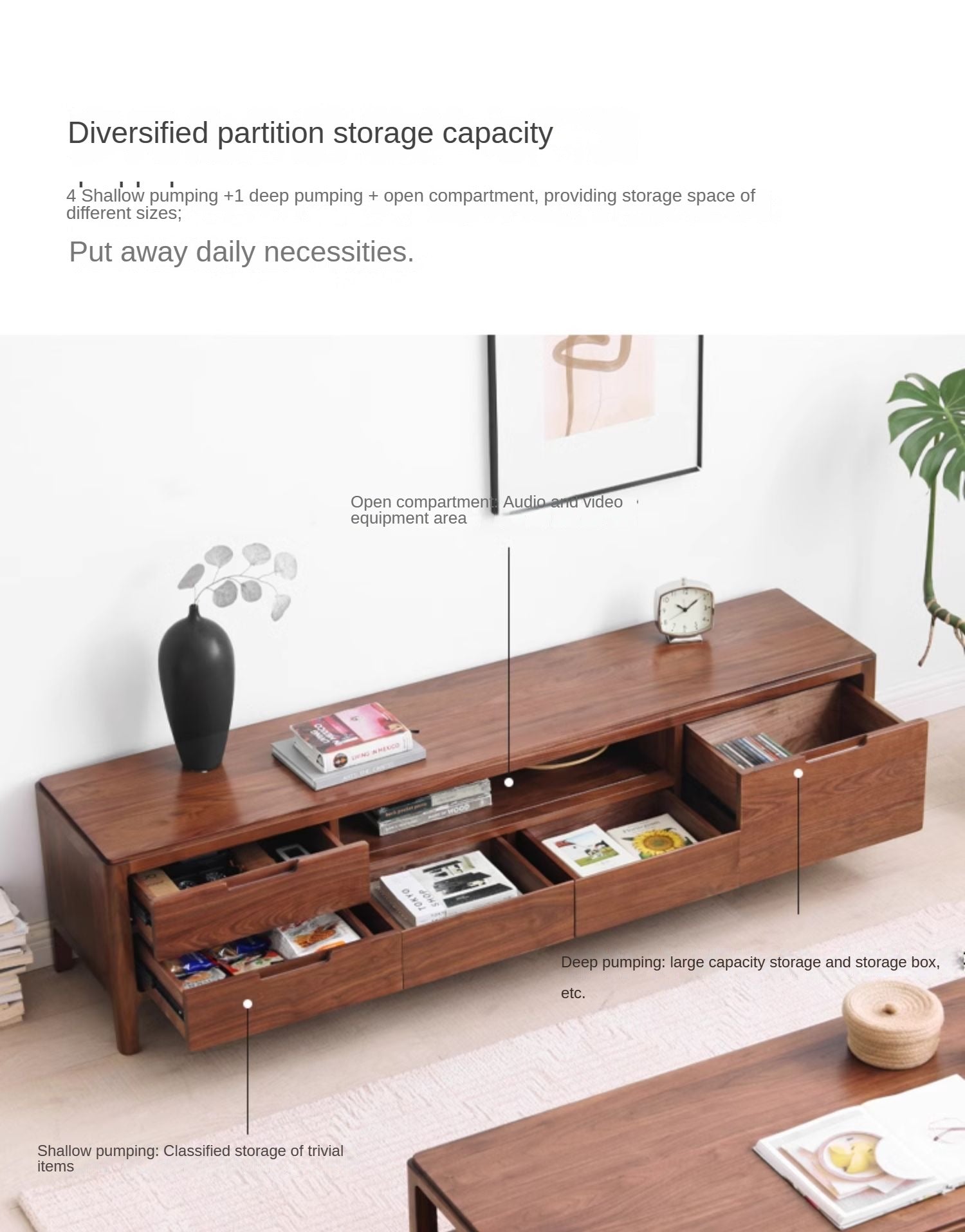 Premium Black Walnut Solid Wood TV Stand - Large Storage Entertainment Center for Living Room, Home Theater & Media Organization