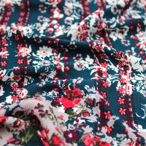 Snorkel Blue & Red Floral Border Printed Chiffon Fabric by The Yard - Perfect for DIY Dresses, Scarves & Home Decor Projects