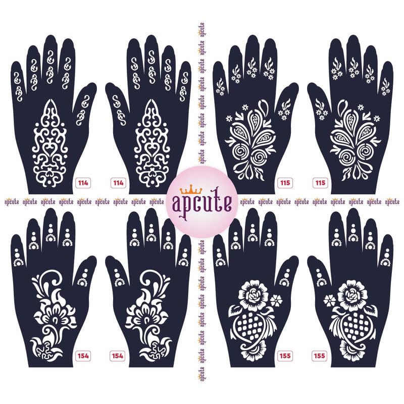 APCUTE 8-Piece Full Hand Henna Tattoo Stencil Kit | Easy 4-Step Temporary Mehndi Stickers for Women & Girls | Perfect for Weddings, Festivals & Parties (Designs 114-115-154-155)